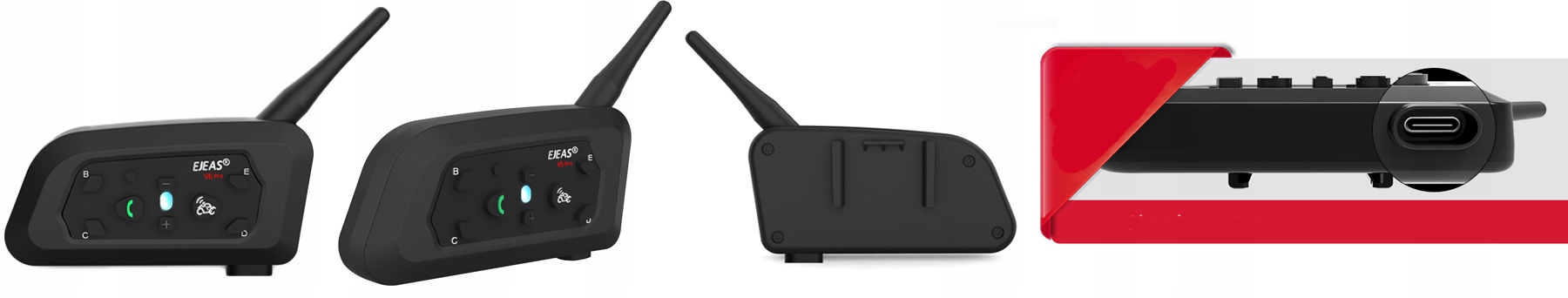 2x INTERKOM MOTOCYKLOWY EJEAS V6 PRO USB-C 2024 Bluetooth 5.1 na kask Dodatkowe elementy zestawu kabel USB zestaw montażowy