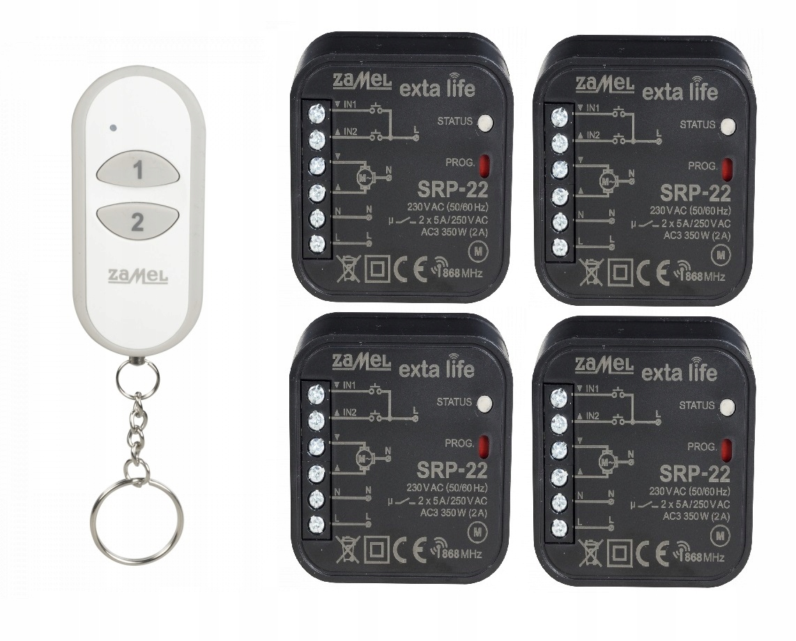 Zestaw sterowania roletami pilotem: 4x SRP-22 + Pilot P-456/2 Zamel Exta