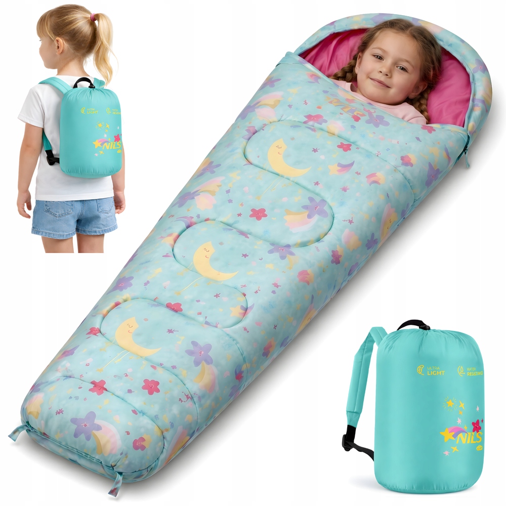 Śpiwór Dziecięcy Turystyczny Kempingowy Mumia Z Plecakiem 170x60 cm Stars