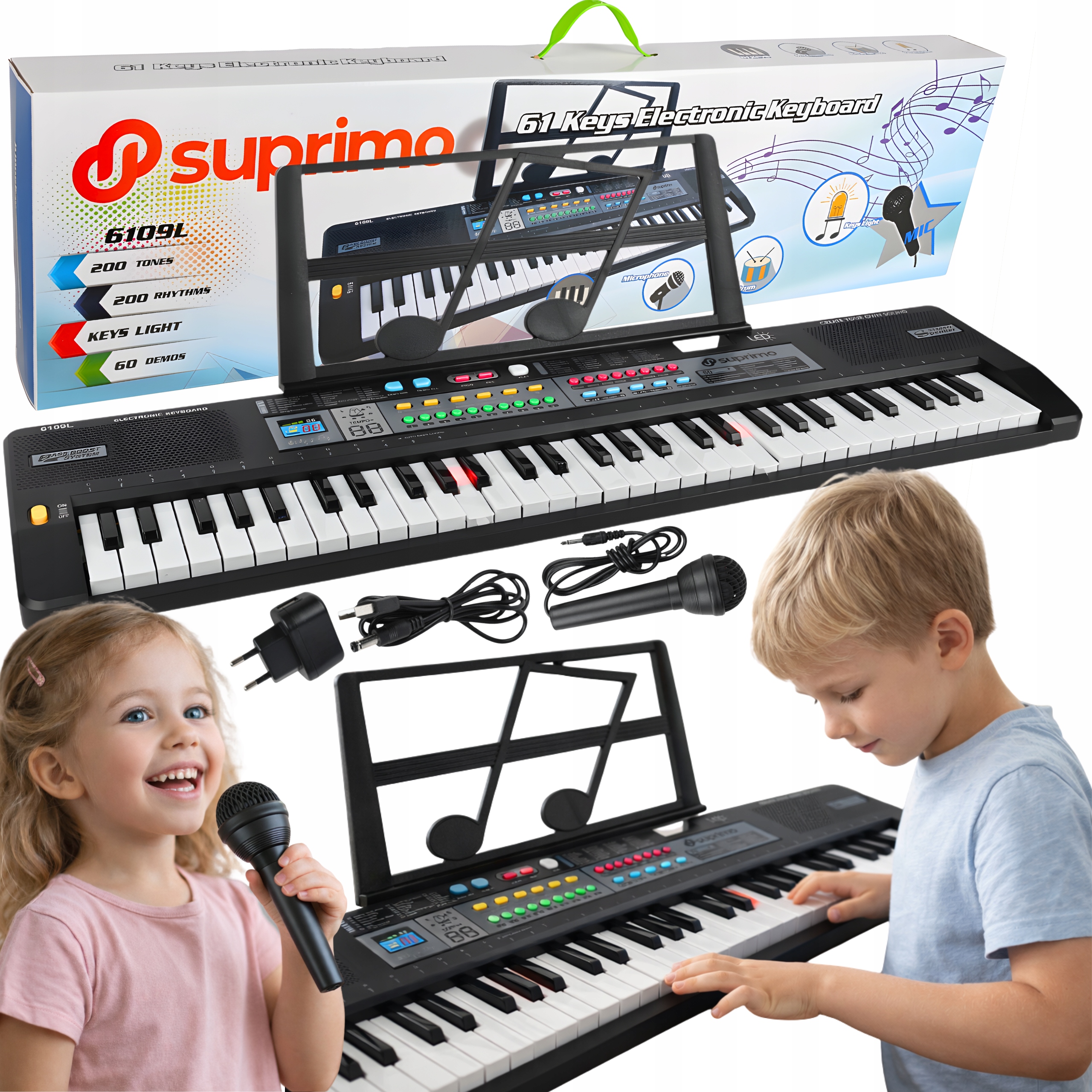 KEYBOARD ORGANY PIANINKO DO NAUKI DLA DZIECI POŚWIETLANE KLAWISZE LED 61KL