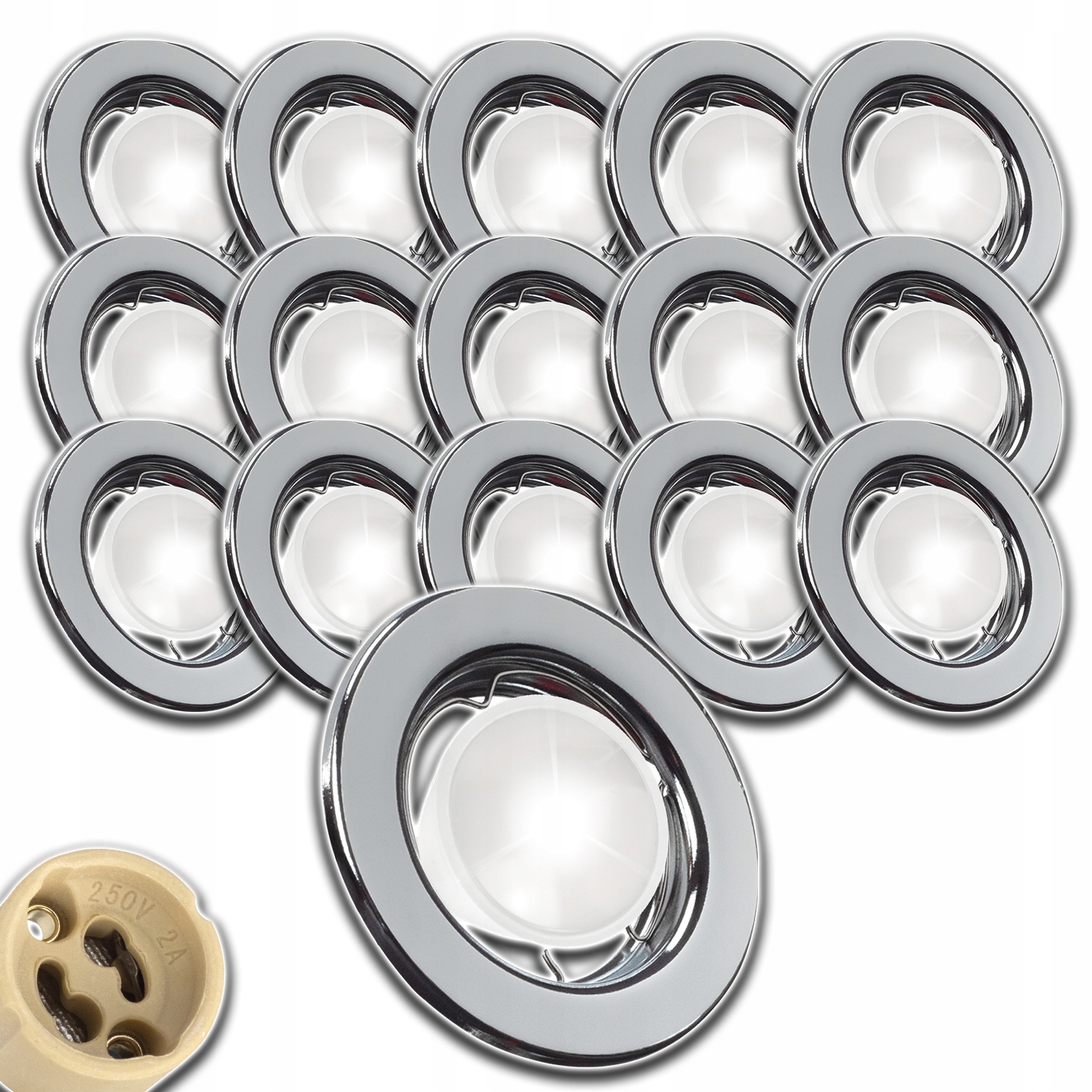 16xCHROMOVANÁ Kruhová Stropní Objímka Halogen+zásuvka Konektor GU10 Na Žárovku