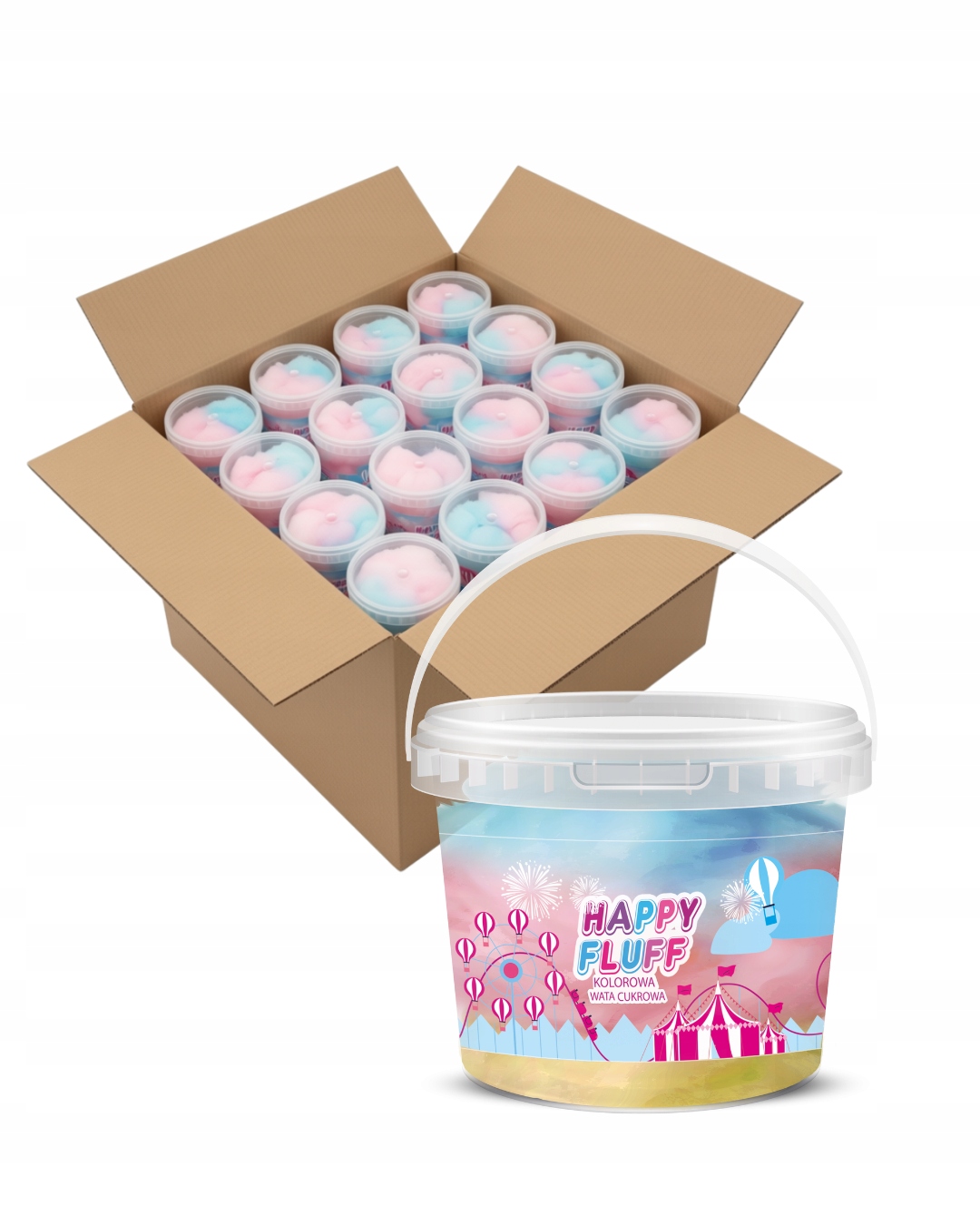 Wata cukrowa w wiaderku Happy Fluff Mateo 24 x 50g x 1L mix smaków hurt