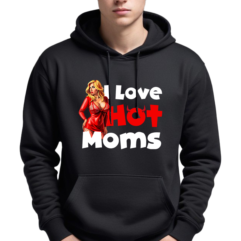 Mikina Černá S Kapucí Jako Dárek I Love Hot Moms Zábavný Vzor S|