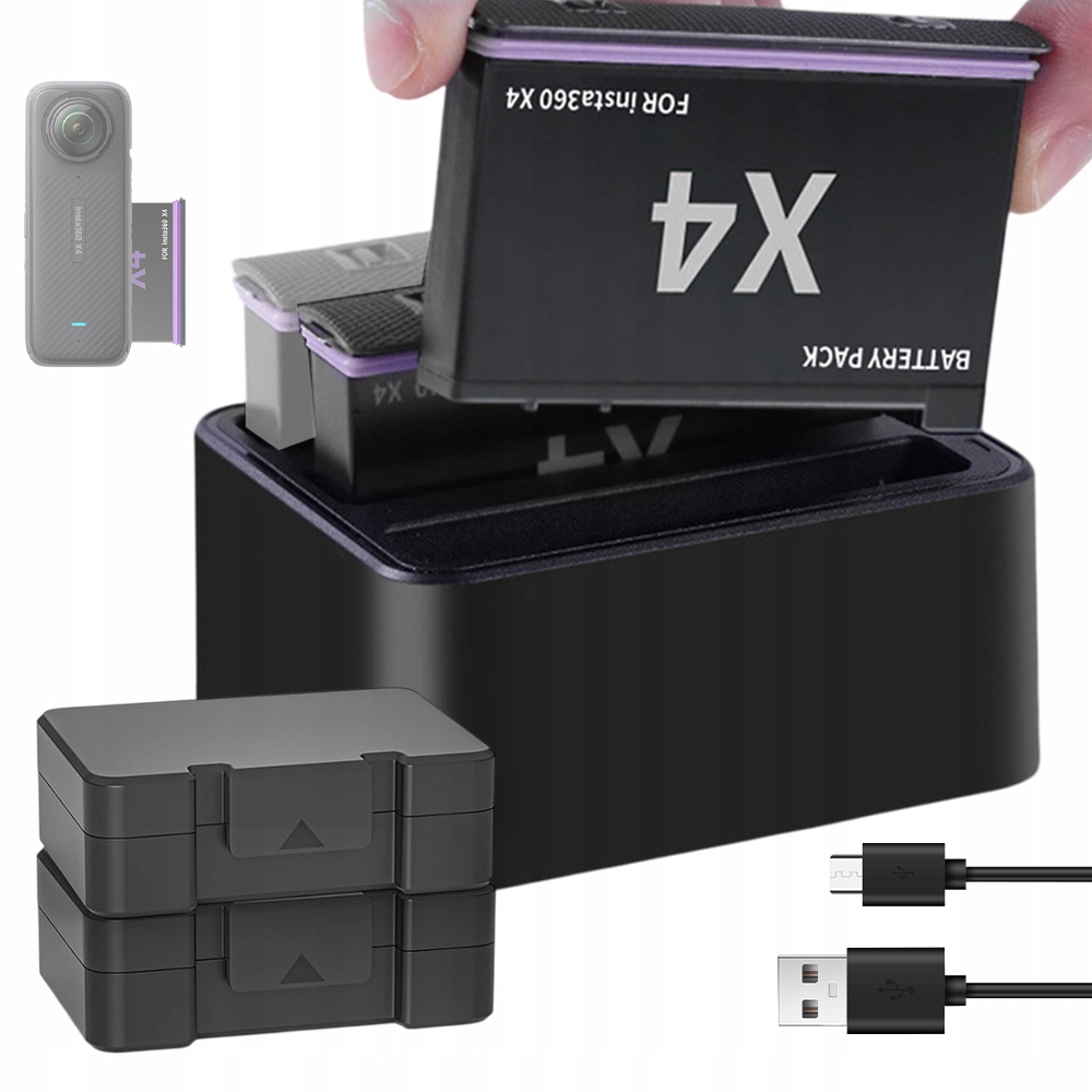 Usb Nabíječka Pouzdro Pro INSTA360X4 3 Sloty Rychlé Nabíjení 2 Baterie 2500 Mah