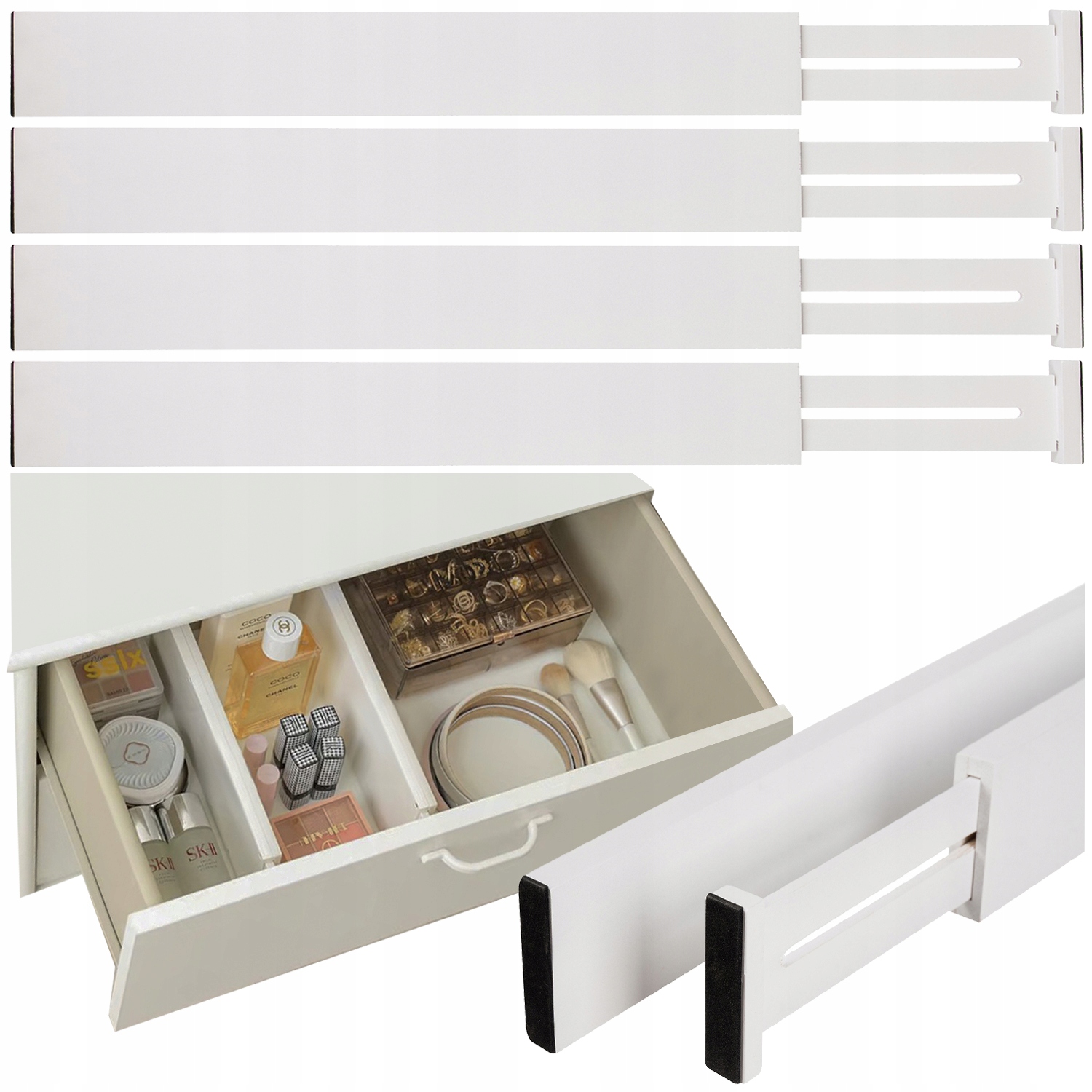 Organizer do Szuflady Seprator Szuflad Regulowana Przegroda Bambus Biały x4