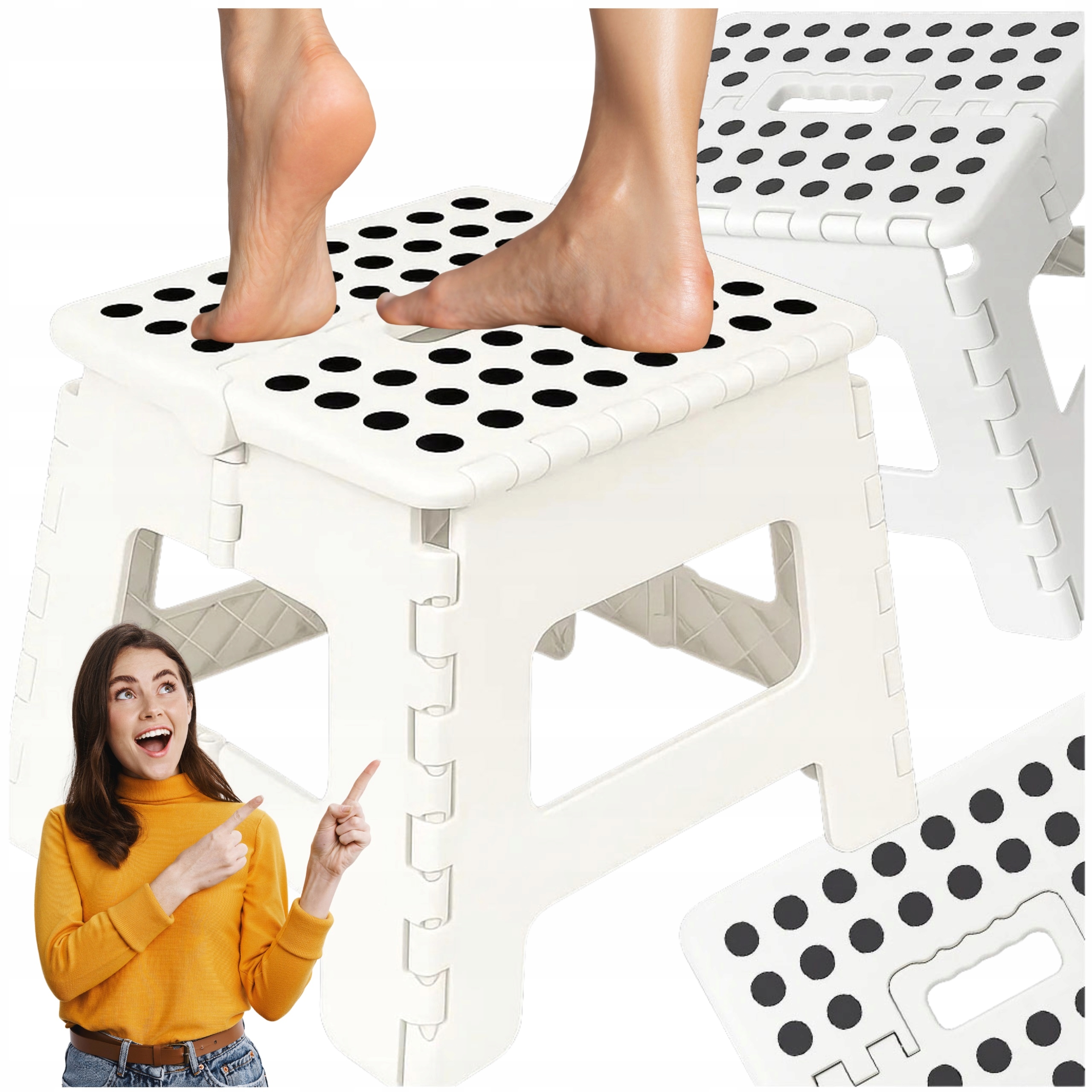 STOŁEK TABORET SKŁADANY ANTYPOŚLIZGOWY KRZESŁO BIAŁY 150KG 22CM MONTESSA