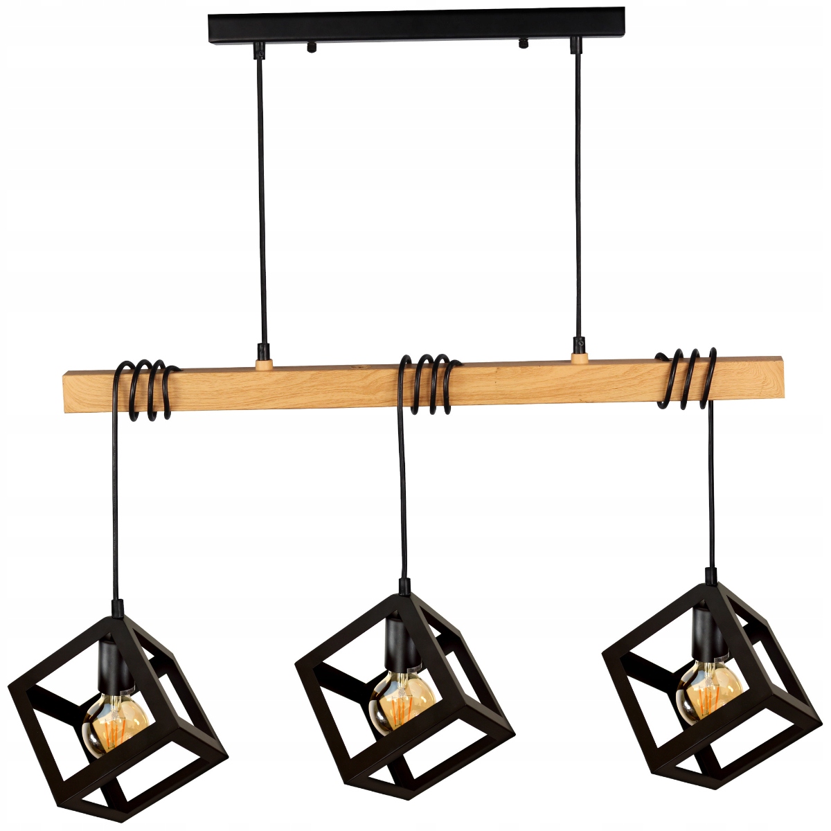 Závěsná lampa dřevěná trámová 3 černé kostky loftová stínidla do obývacího pokoje Polux