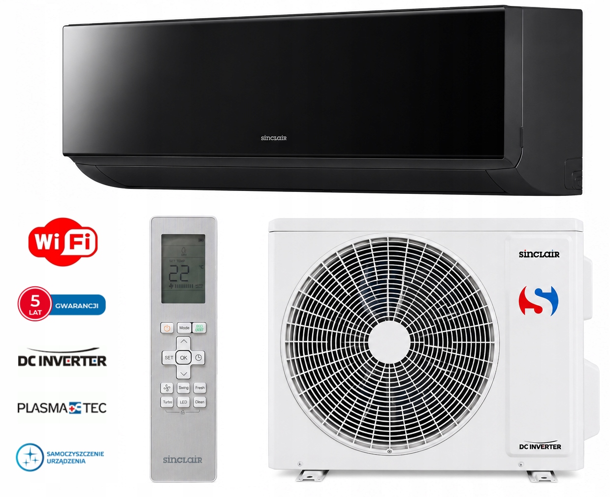 Klimatyzator Sinclair Sky Black 3,2 kW WiFi Czarny Cichy Chłodzenie Grzanie