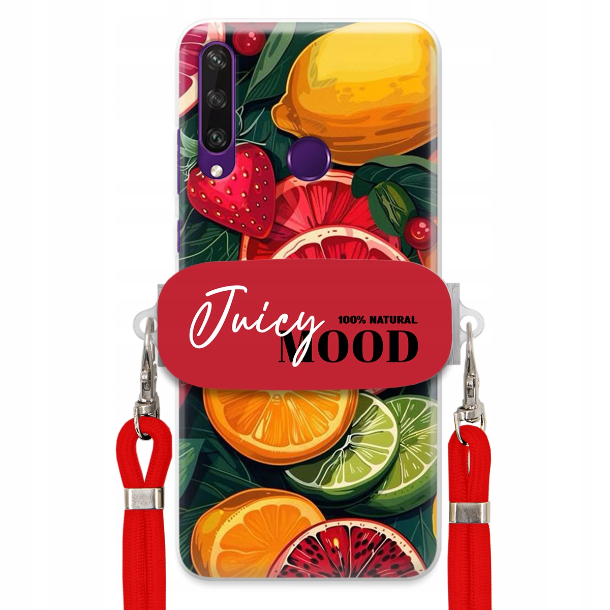 Puzdro pre Huawei Y6P Červené Crossbody vodítko Módny držiak Juice Mood Ovocie