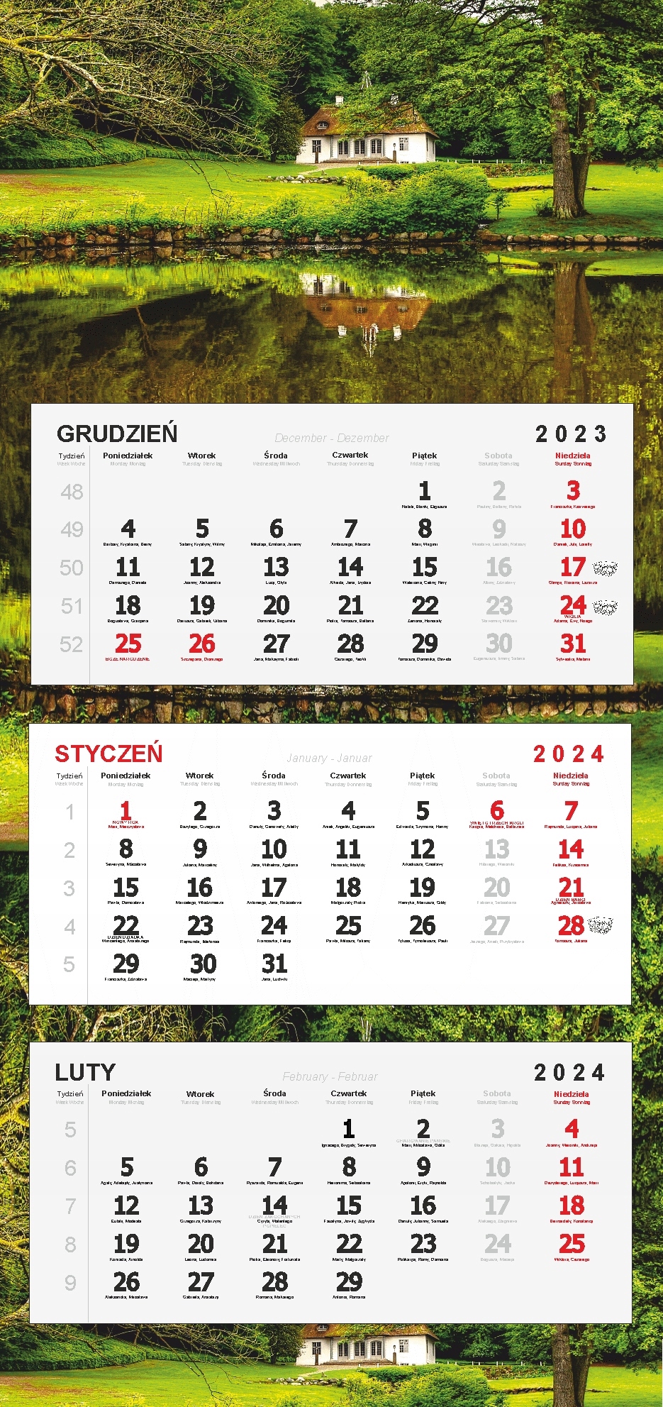 Kalendarz trójdzielny ścienny 2024