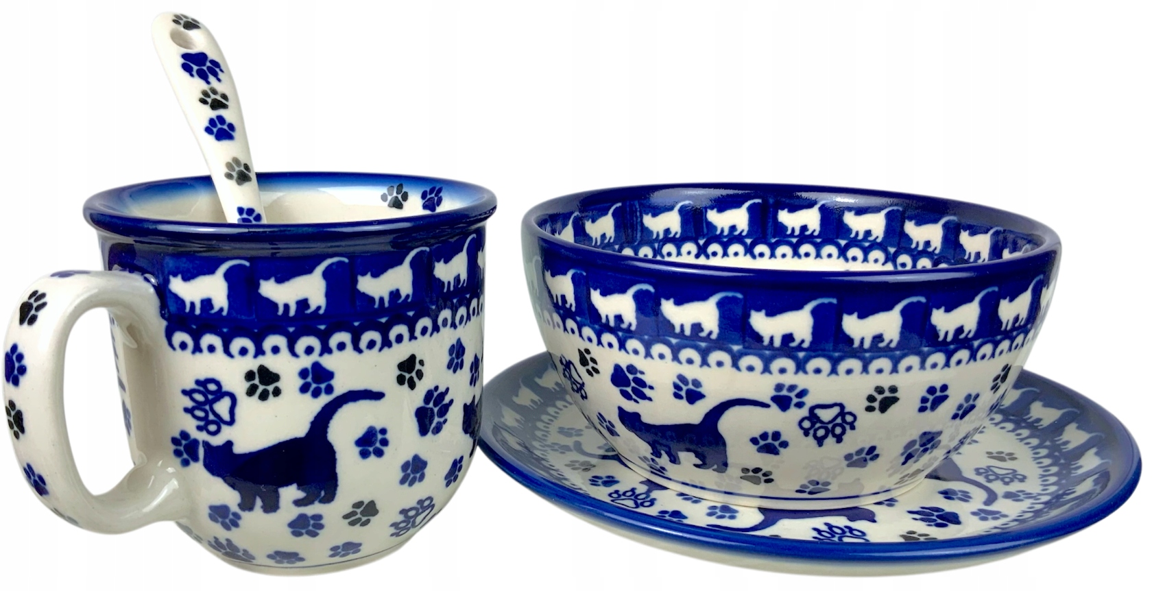 Sada Kot Hrnček 250 ml Tanier 17 Miska 13 cm Keramika Bolesławiec