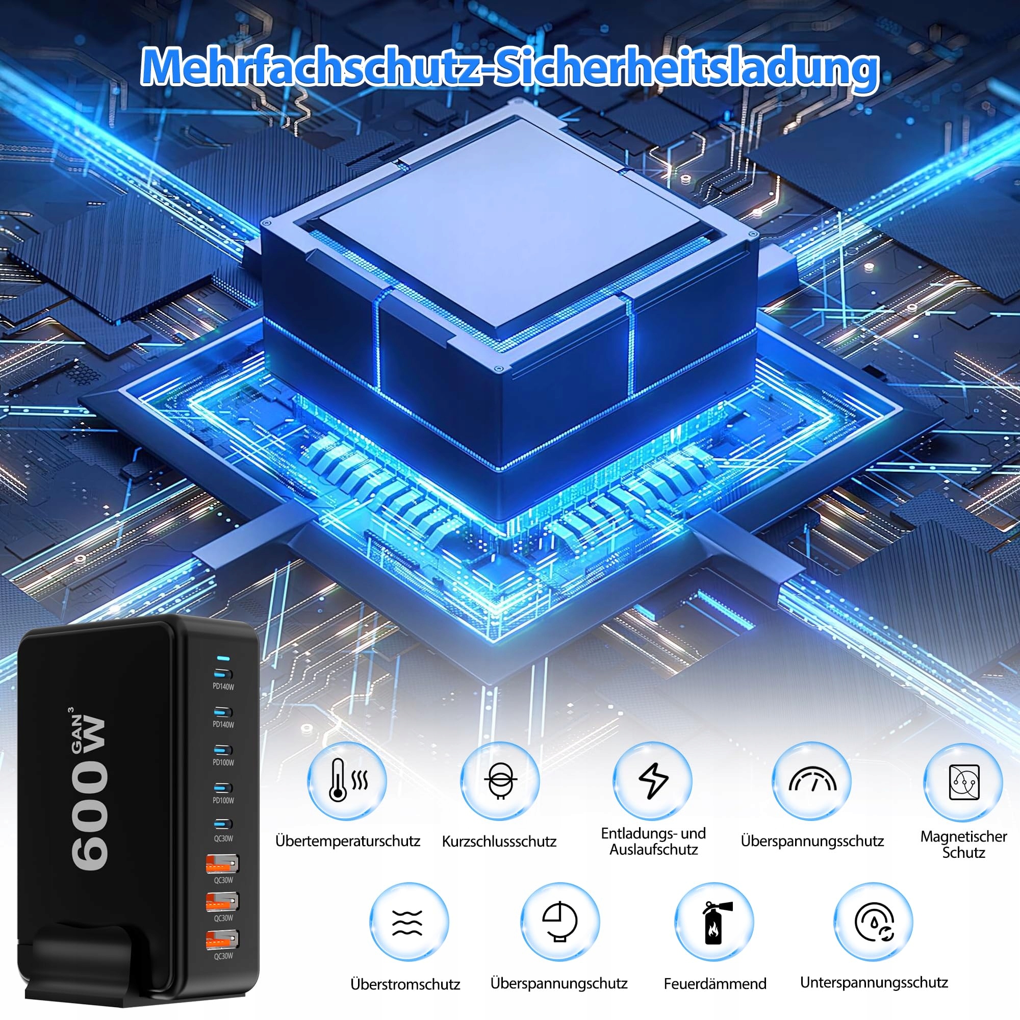 USB C ŁADOWARKA 600W 8-Portowy Adapter Szybkie Ładowanie PD 30 — miniatura 4