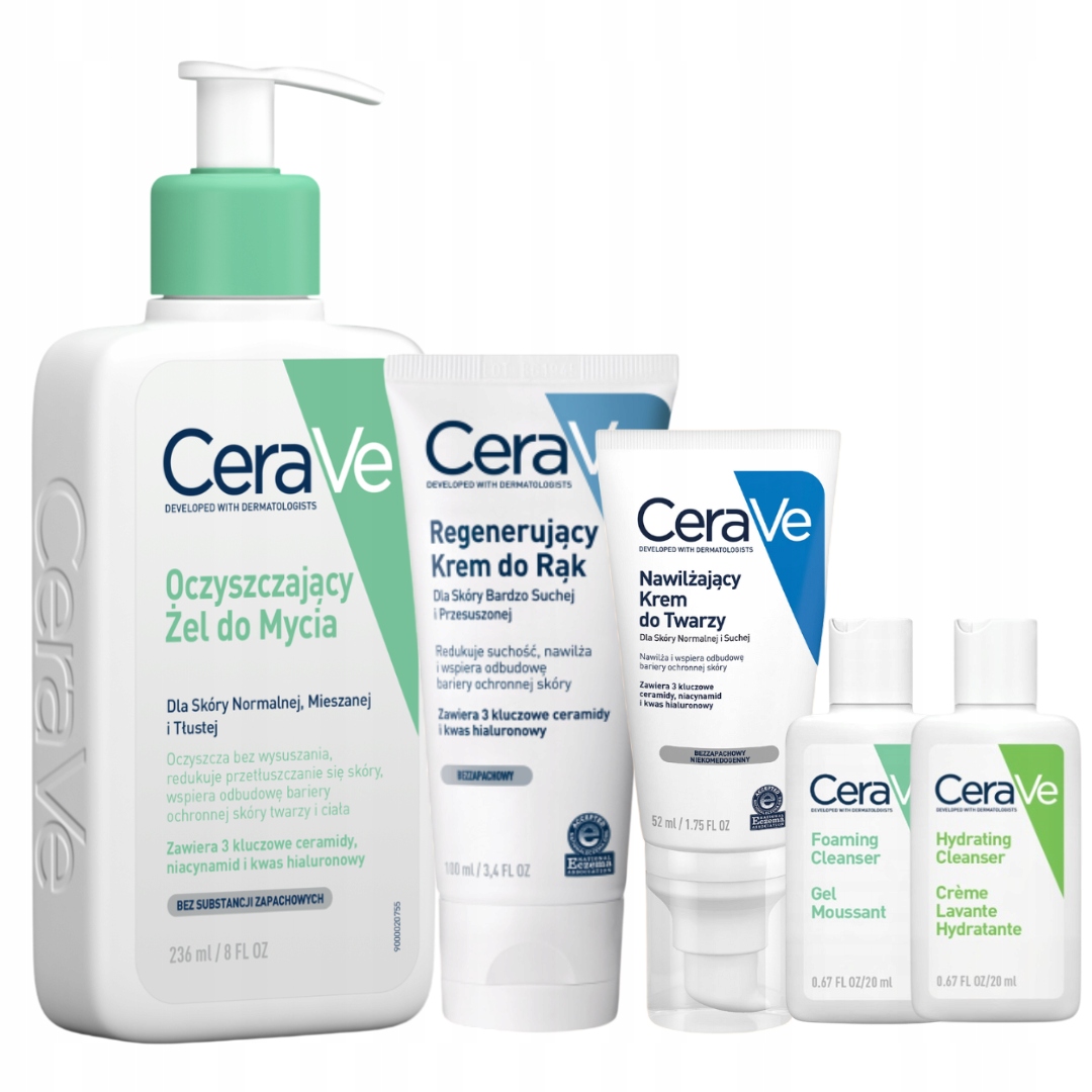CeraVe Oczyszczający żel do mycia, Nawilżający krem do twarzy, Krem do rąk