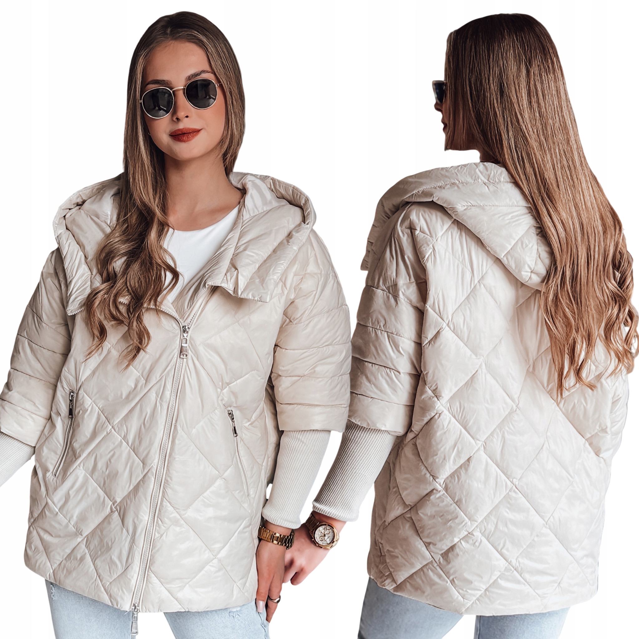 Kurtka damska przejściowa pikowana oversize jasnobeżowa TY4856 XL