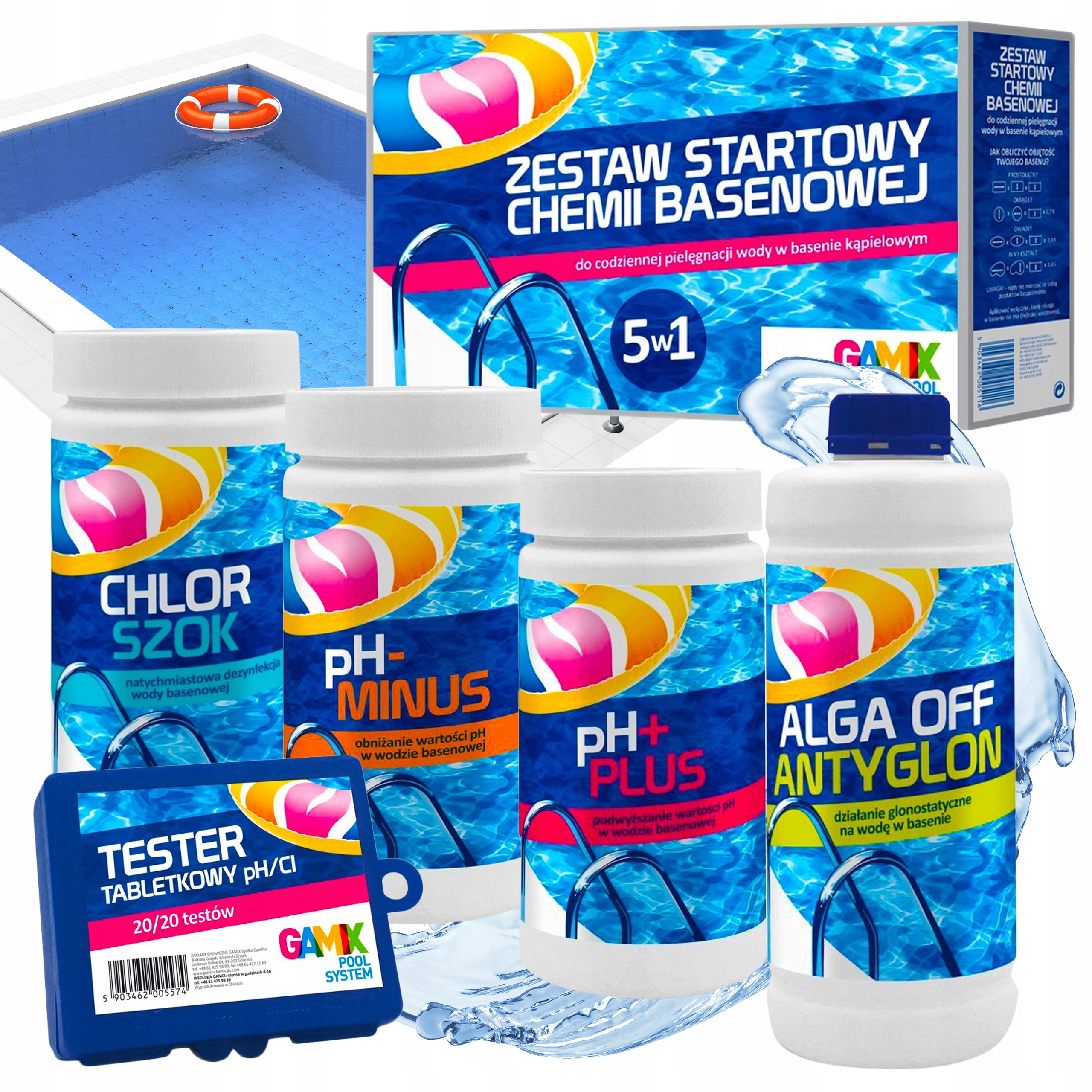 Zestaw Startowy 5W1 Chemia Basenowa Chlor Szok Alga -ph+ Do Basenu Gamix