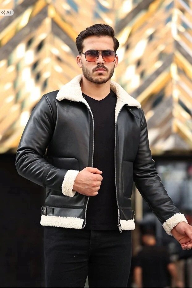Černá Pánská Bunda Z Eko Kůže S Kožíškem Elegantní XXL 5IA
