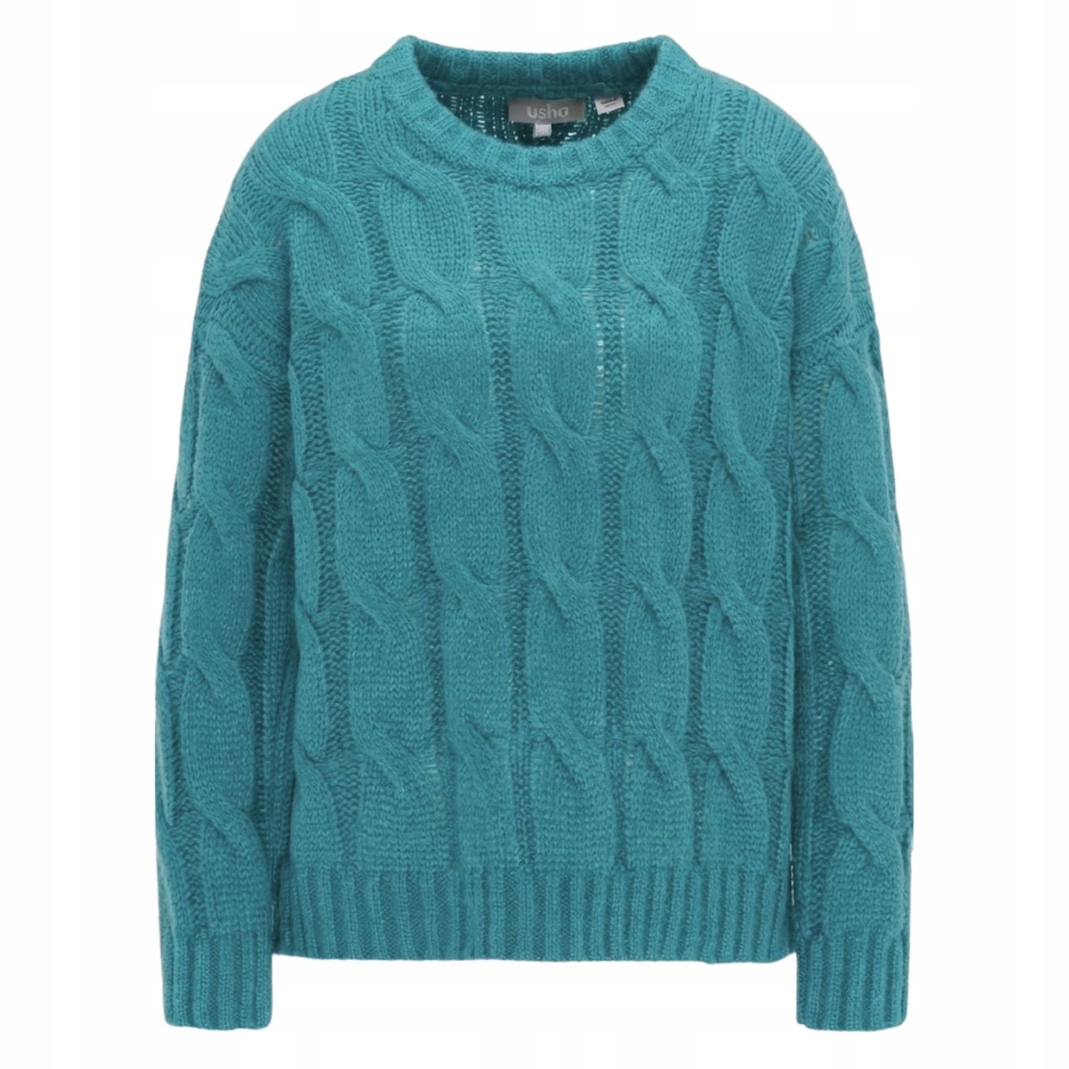 Dámský svetr Usha volný, měkký, tyrkysový s copánkovou vazbou vel. M/L