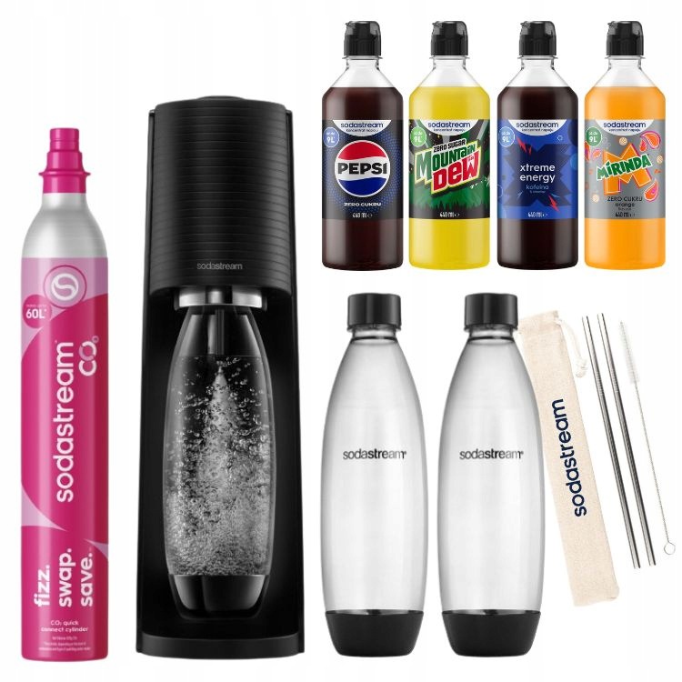 Výrobník Sody SodaStream Terra černý, sada sirupů Pepsi, Energy, Mirinda Zero