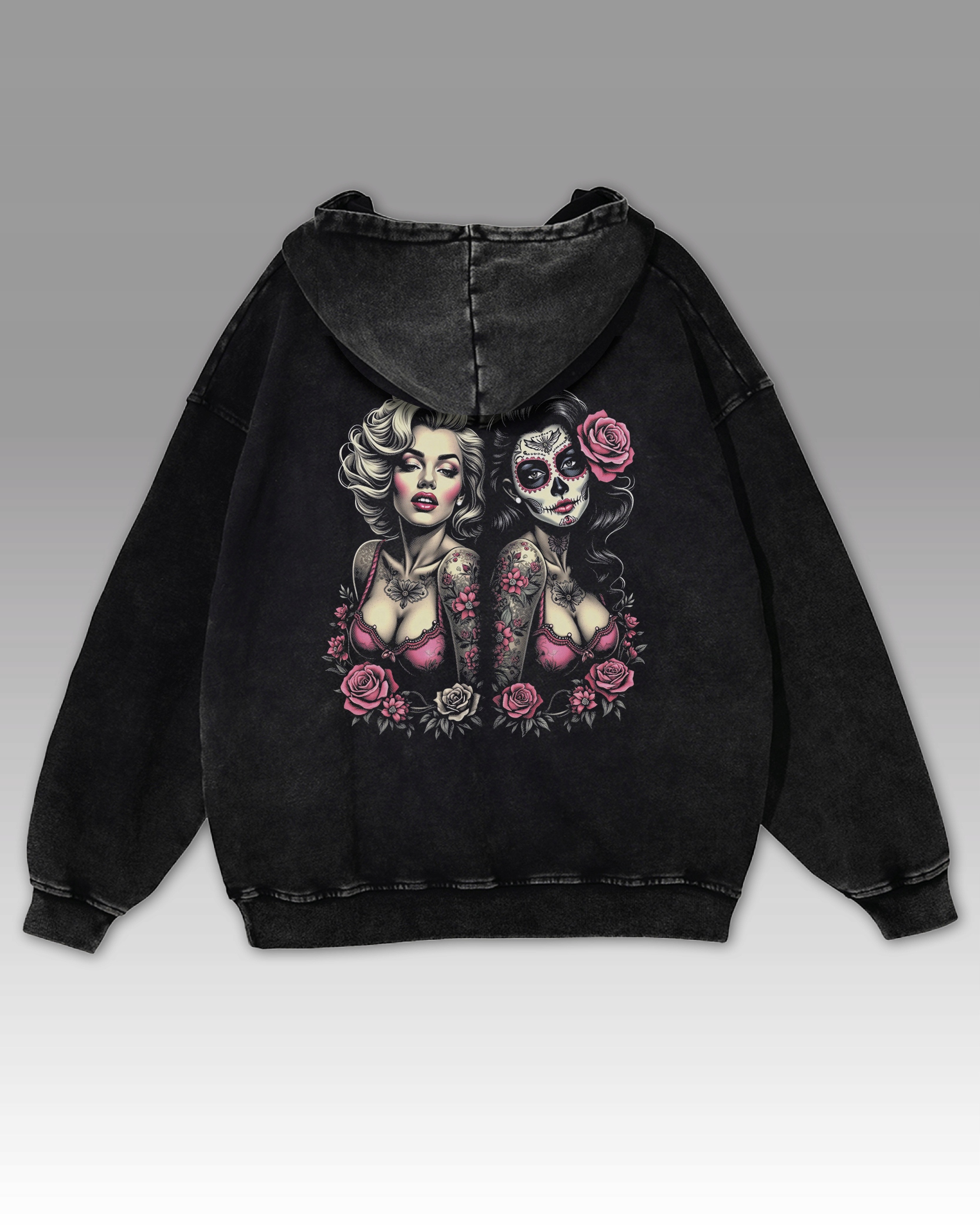 Sexy žena s květinovým s kapucí Oversize mikina černá XL