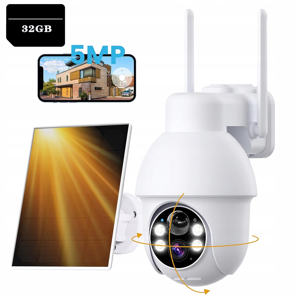 5MPX Venkovní Otočná Solární Kamera Ip Wifi 4x Zoom Alarm 5000MAH 32GB