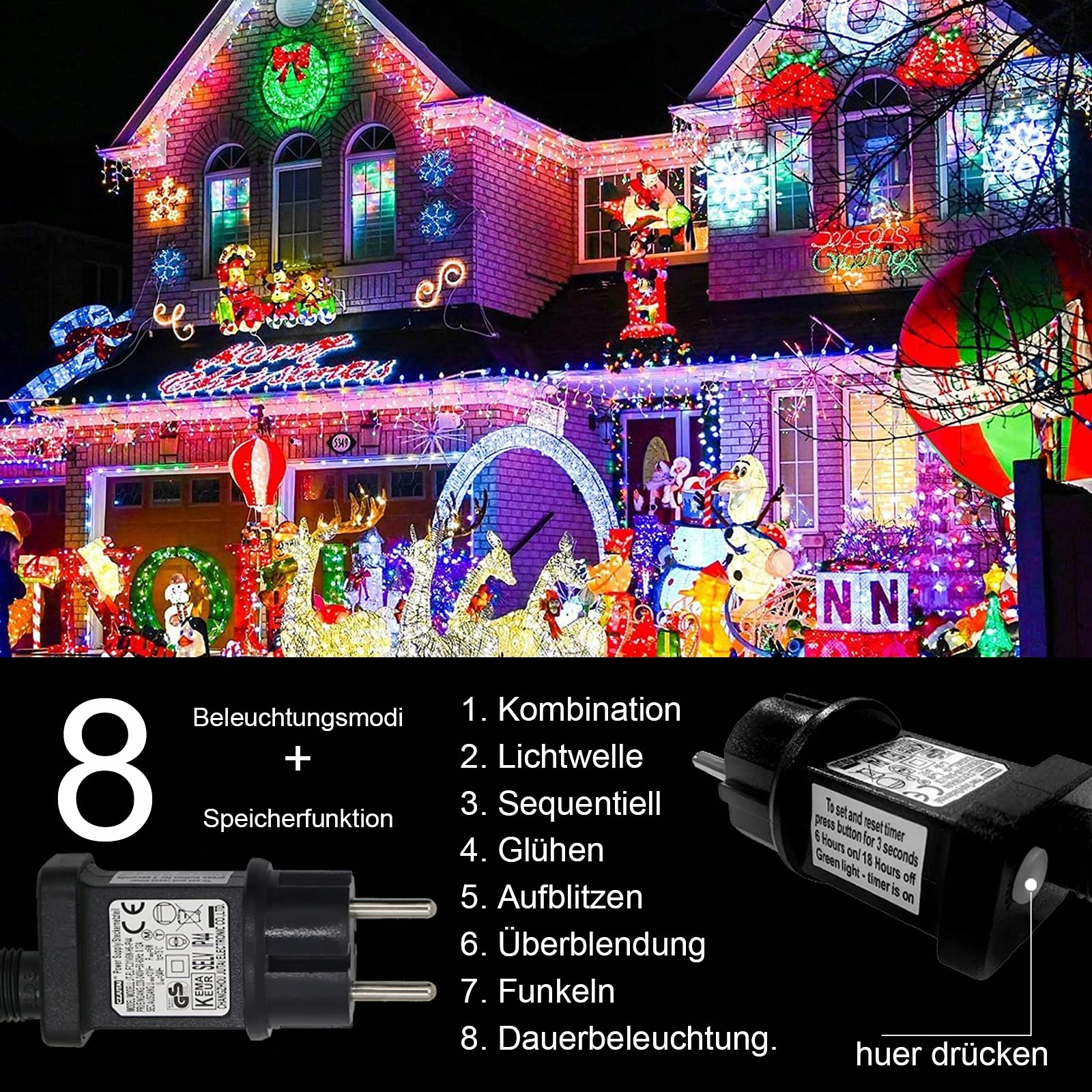 INTERGO Kurtyna Świetlna Zewnętrzna Lampki Kolorowe 8 Trybów 15M 600LED — miniatura 8