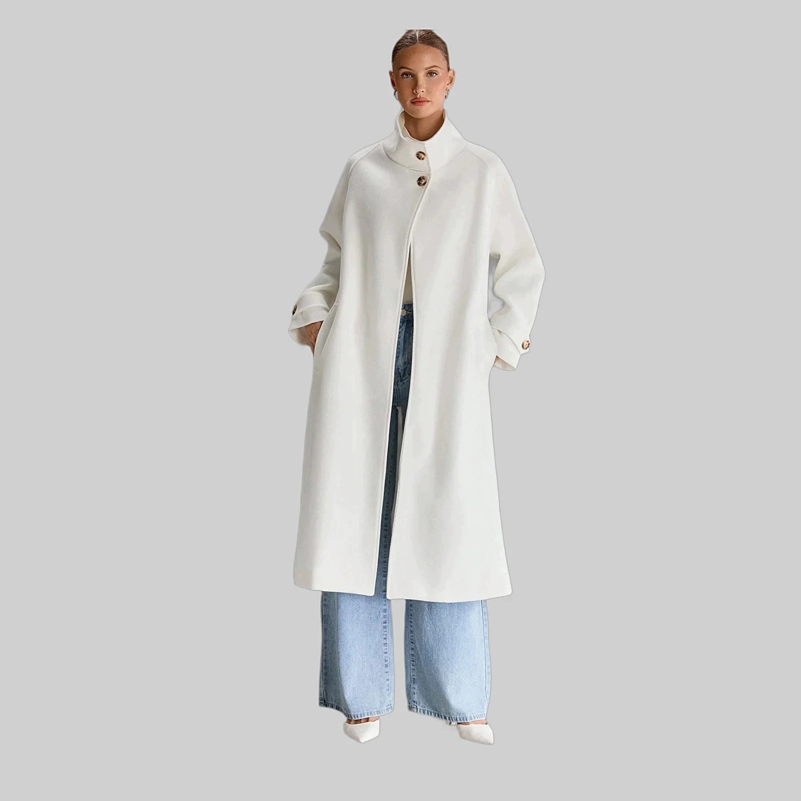 Dámský Maxi Vlněný Kabát Ecru S Páskem, Elegantní Stojáček Shein, Velikost 38