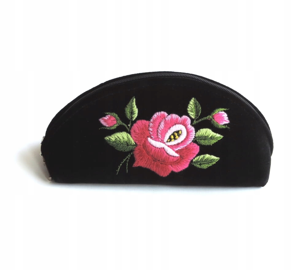 Malá Černá Kosmetická Taška Folk Rybářská Výšivka Růžová Růže Ruční Práce