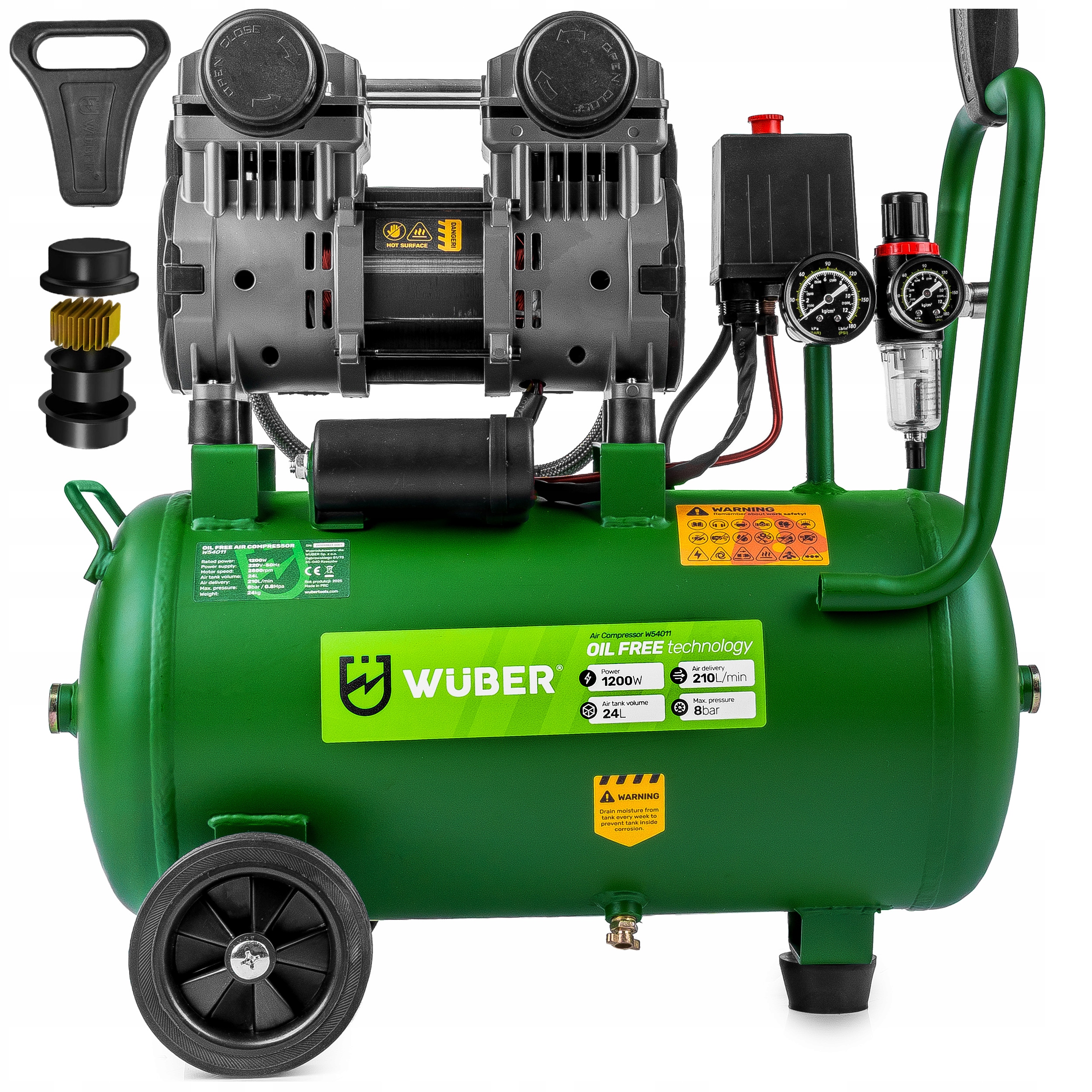 Bezolejový Kompresor Dvoupístový Kompresor Vzduchu 24 Litrů, Robustní Wuber