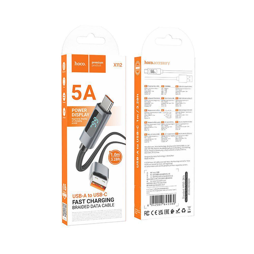 Kabel Usb A Do Usb C Hoco 5A Z Wyświetlaczem 1 M X112 Czarny