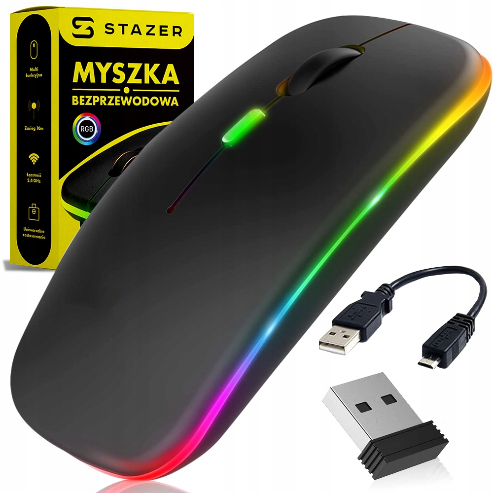 STAZER MYSZKA BEZPRZEWODOWA DO LAPTOPA KOMPUTERA PODŚWIETLANA RGB 2.4 GHz