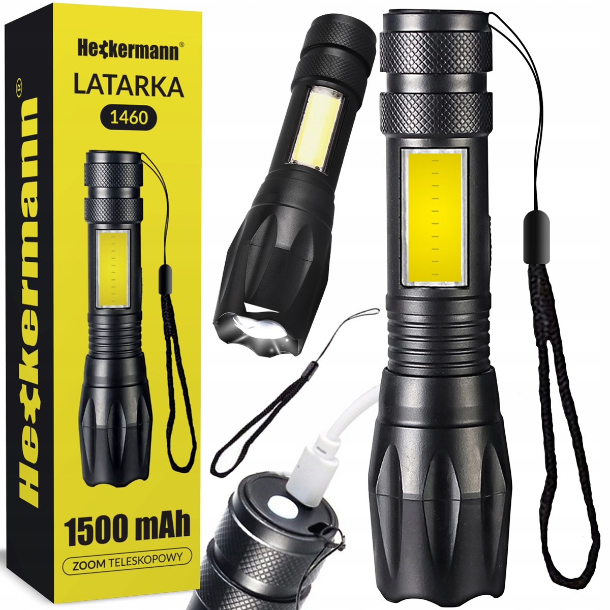 MOCNA LATARKA AKUMULATOROWA TAKTYCZNA LED T6 + COB ZOOM WOJSKOWA 1500mAh