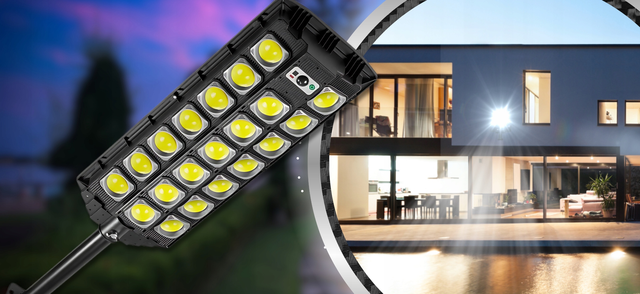 LAMPA SOLARNA 2400W Z CZUJNIKIEM RUCHU I ZMIERZCHU OGRODOWA + PILOT Kąt świecenia 125°