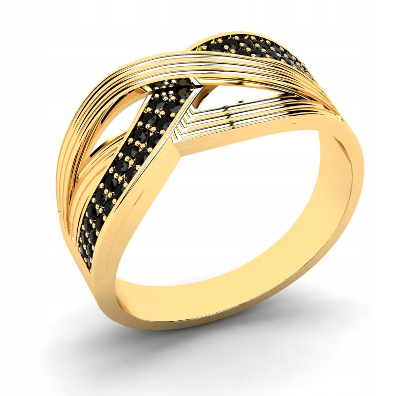 

Pierścionek Złoty Szeroki Z Czarnymi Cyrkoniami