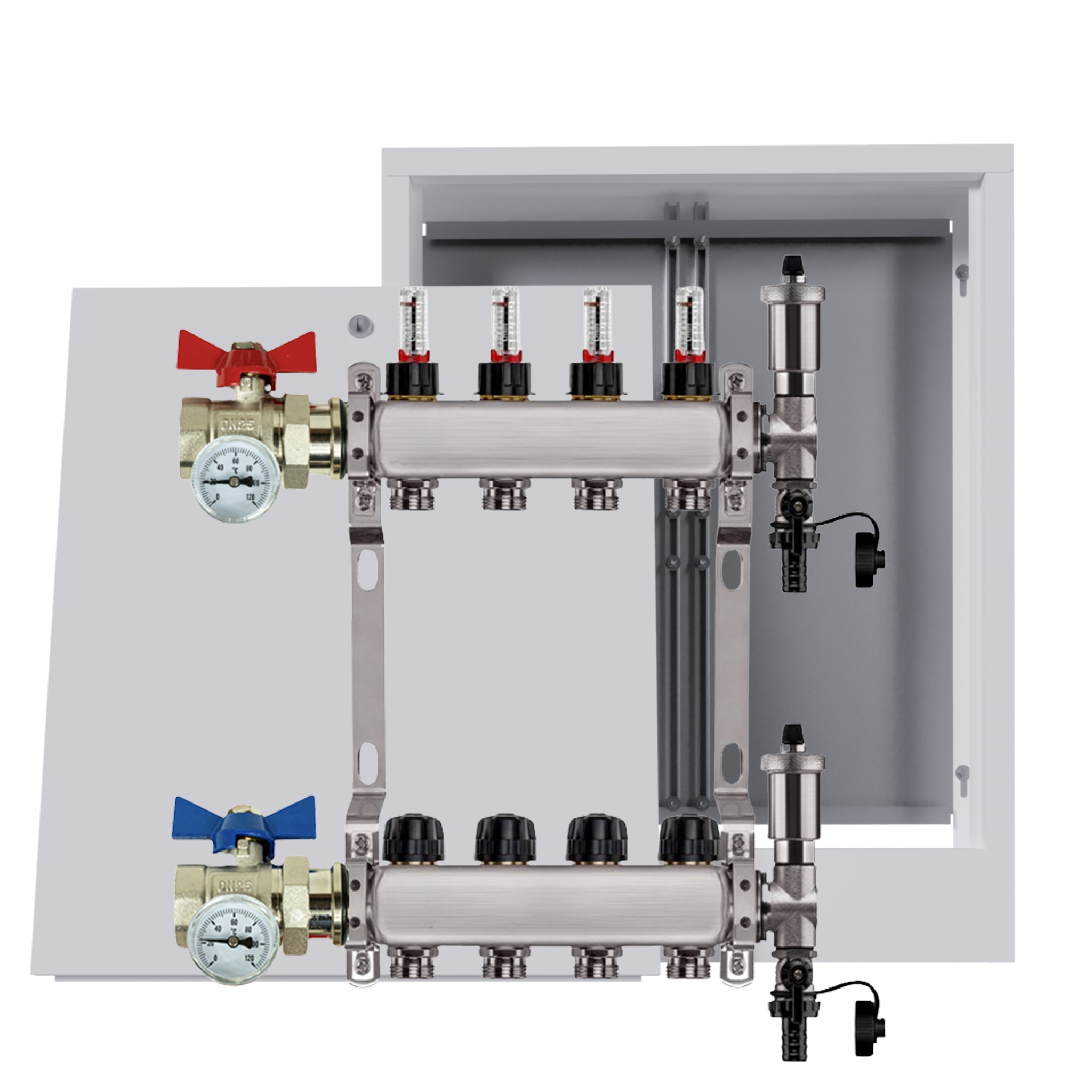 Nerezový rozdělovač podlahy 4 okruhy nástěnná skříňka ventily