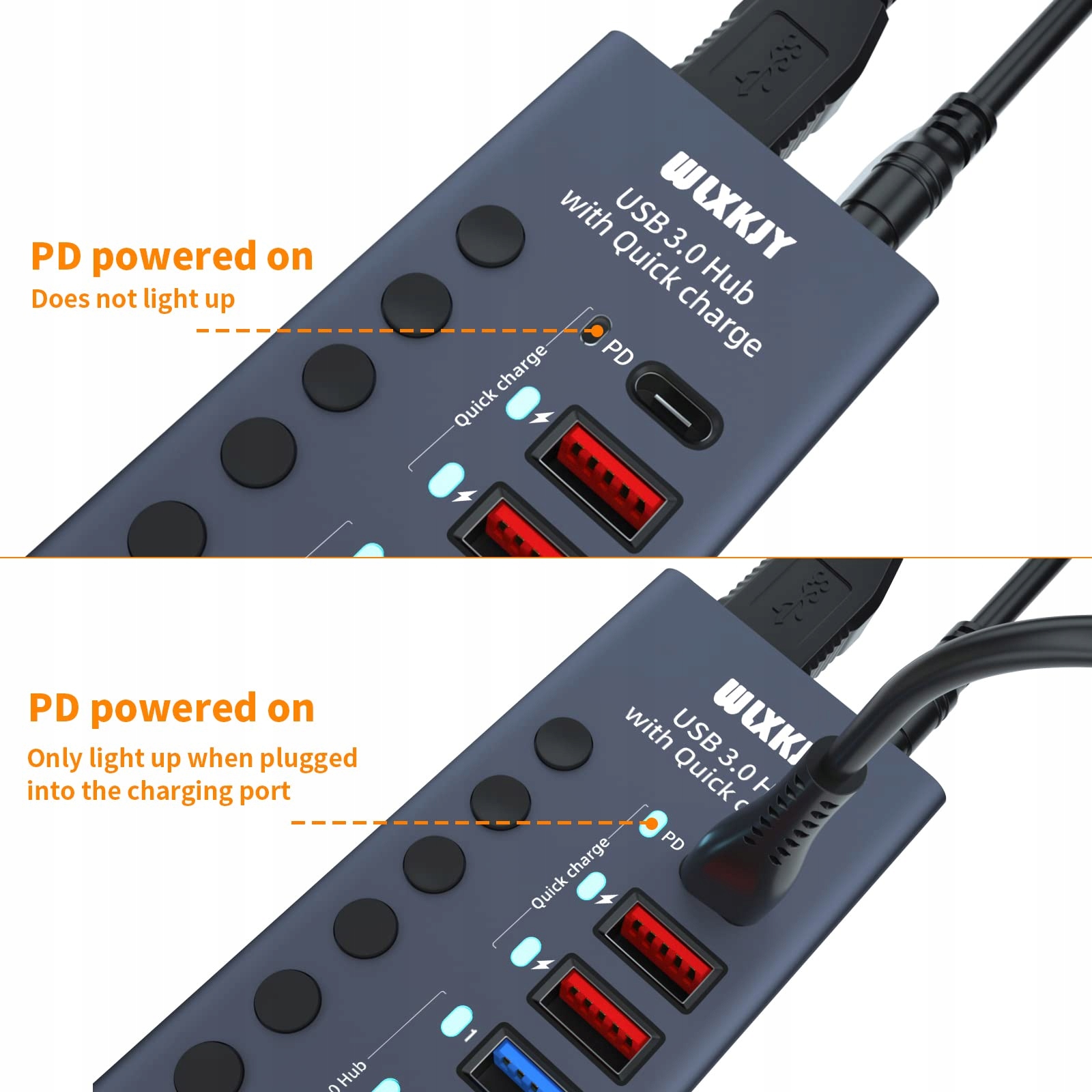 WLXKJY Aluminiowy Hub USB 3.0 7w1, 4 Porty USB 3.0, 3 Ładowarki PD — miniatura 4