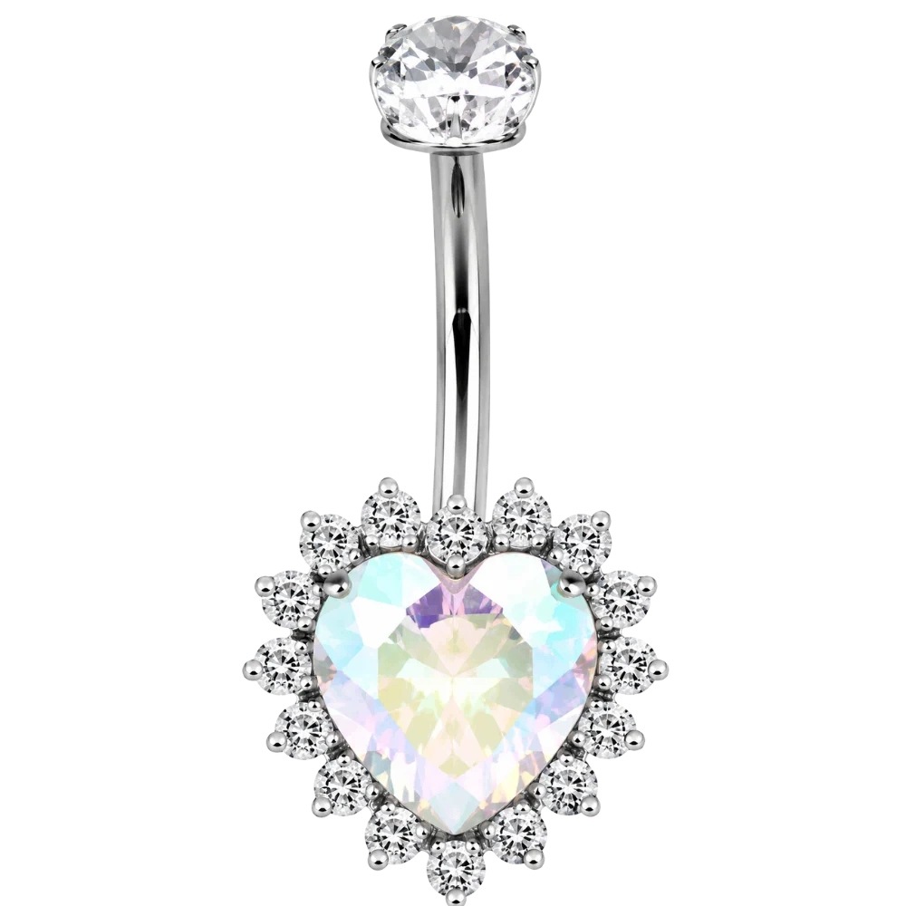 Piercing Do Pupíku Srdce Zirkon 1.6x10mm Pupek Titan G23 Stříbrný/opál