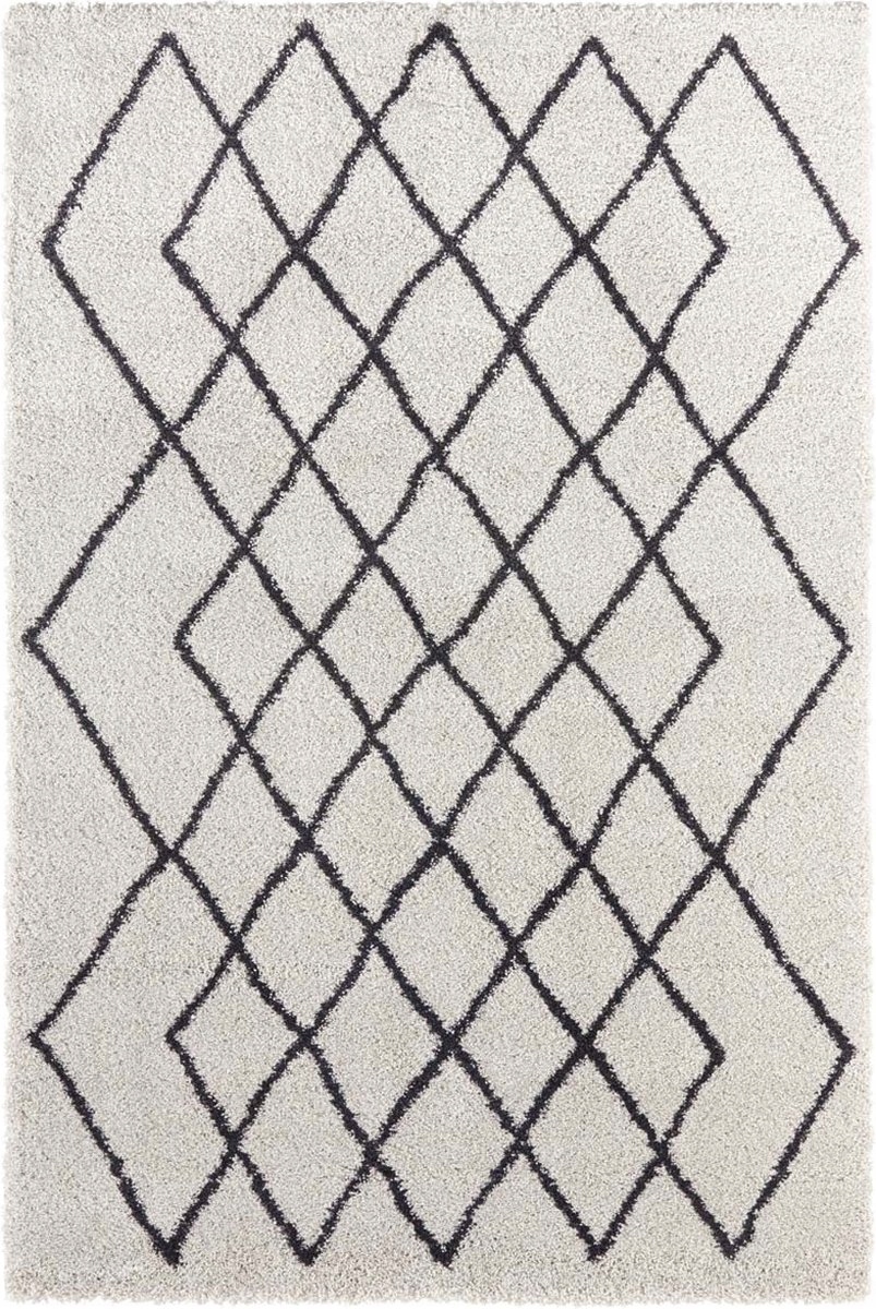 Koberec shaggy 160x230 do obývačky, hrubý, krémovo hustý, grafitový vzor boho