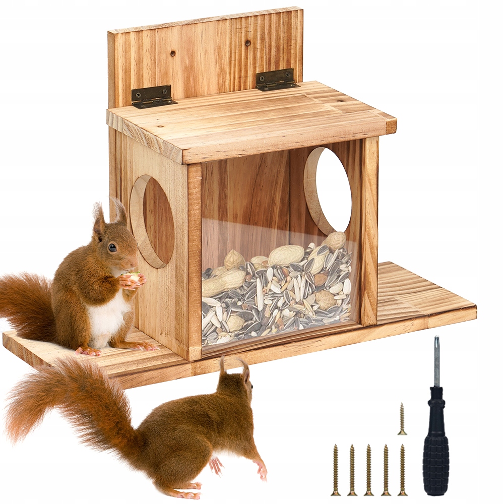 Krmítko pro veverky dřevěné s otevřenou stříškou a upevněním na strom