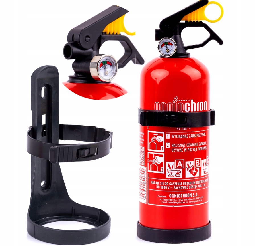 GAŚNICA PROSZKOWA SAMOCHODOWA 1KG Z MANOMETREM I UCHWYTEM OGNIOCHRON