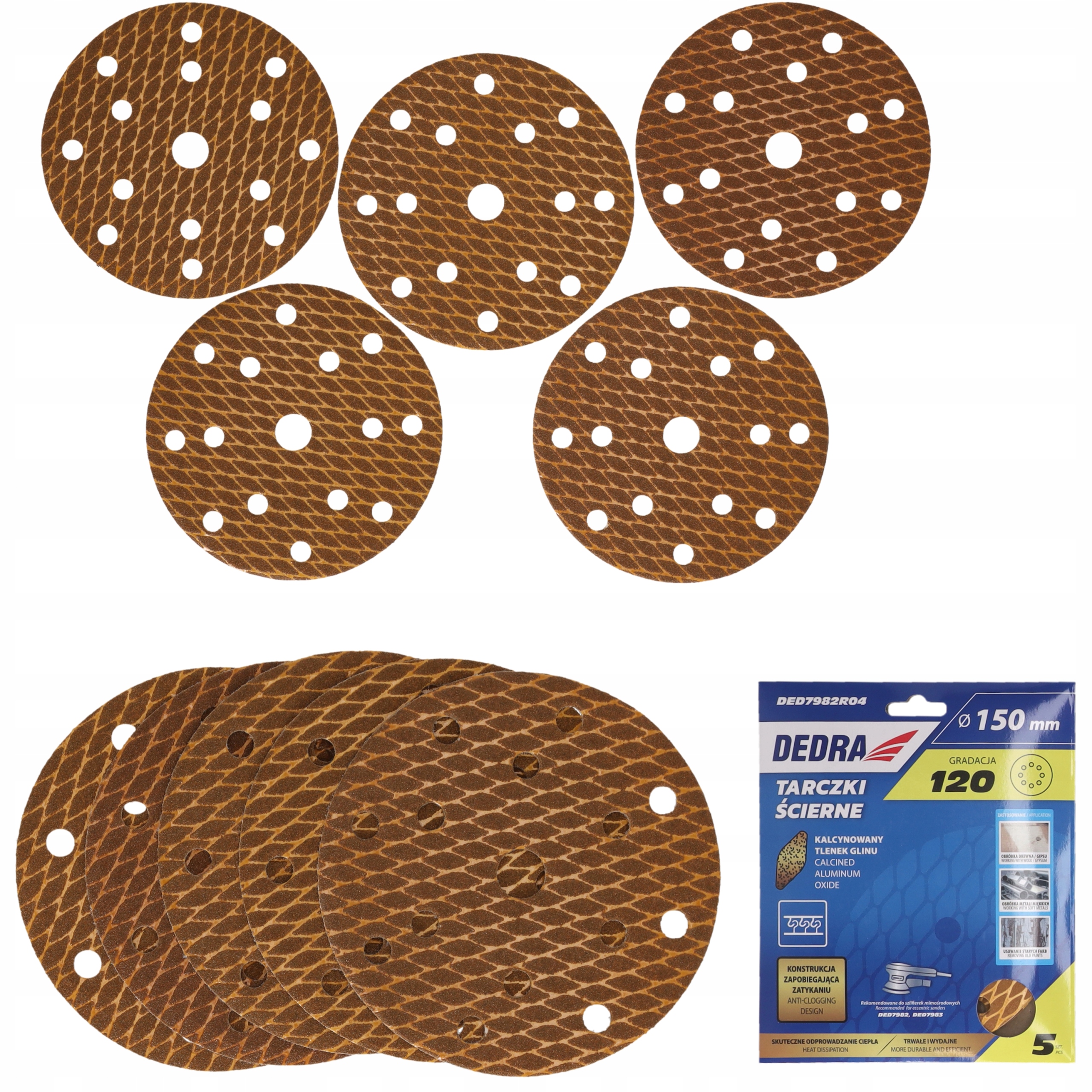 Krążki ścierne 150mm gr120 Dedra szlifierki mimośrodowej Papier Tarcze 5szt