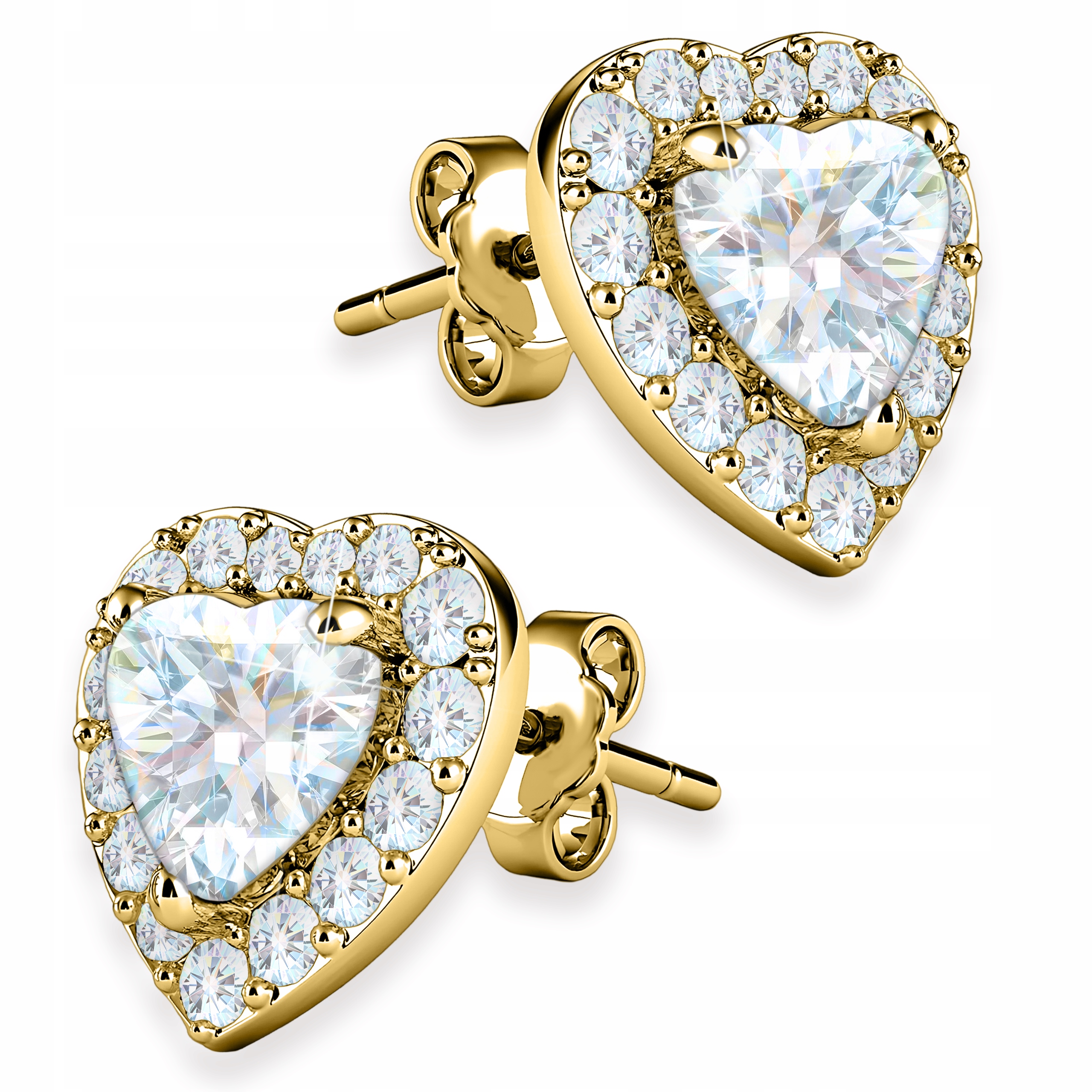 Złote Kolczyki Kryształowe Serca Serduszka 585 z Białymi Sercami Srebro 925