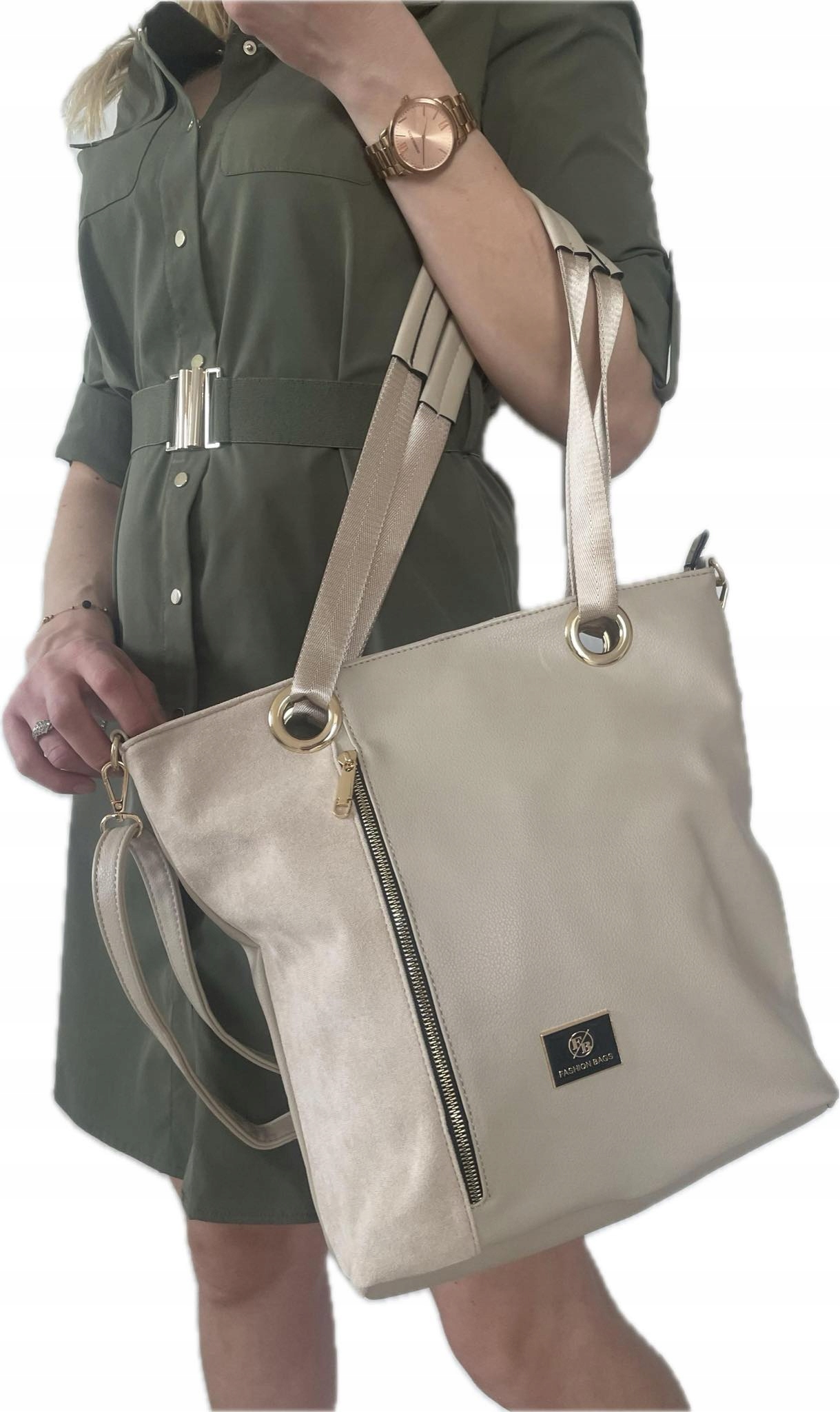 BEŻOWA TOREBKA DAMSKA WOREK shopper A4 Wielkość duża (mieszcząca A4)