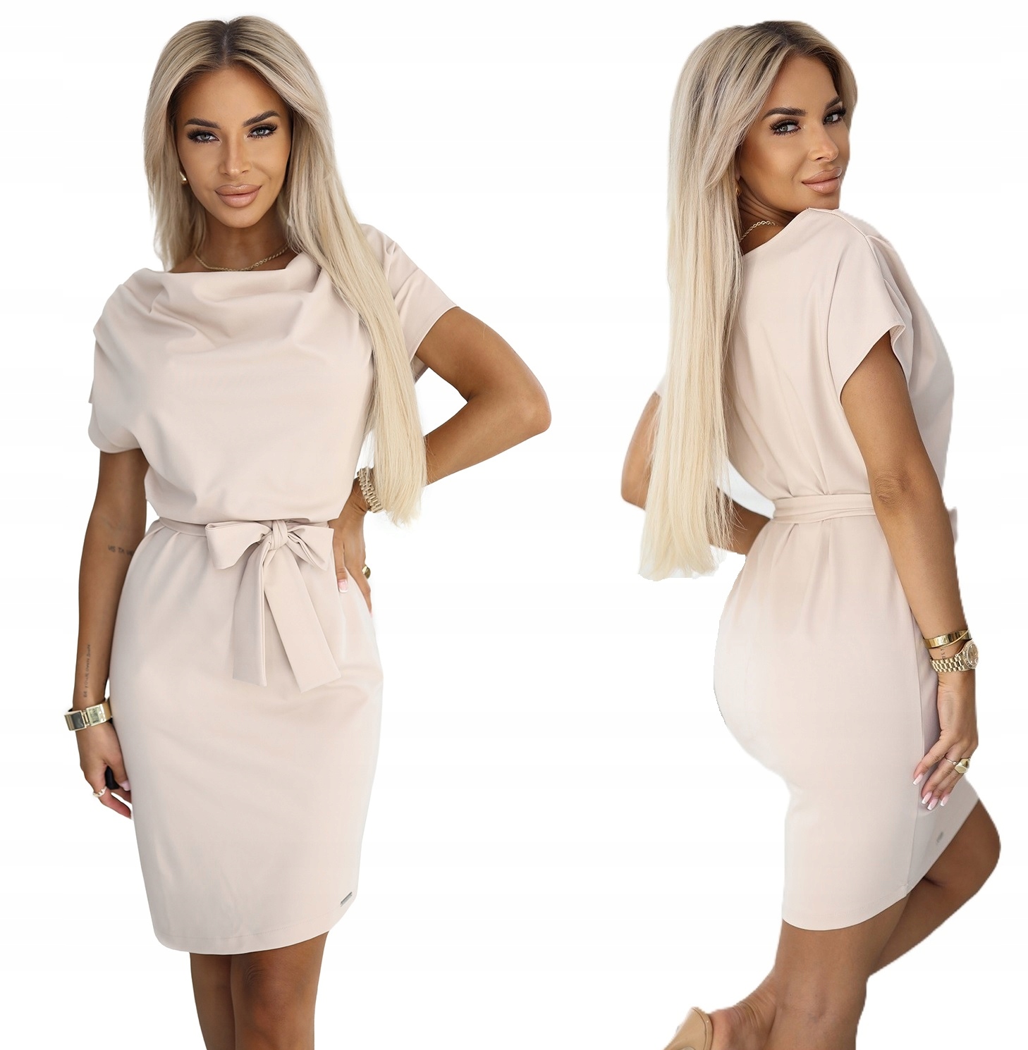 Elegantní Asymetrická Šaty Se Zavazováním V Pase, Široký Výstřih, Béžová Barva S