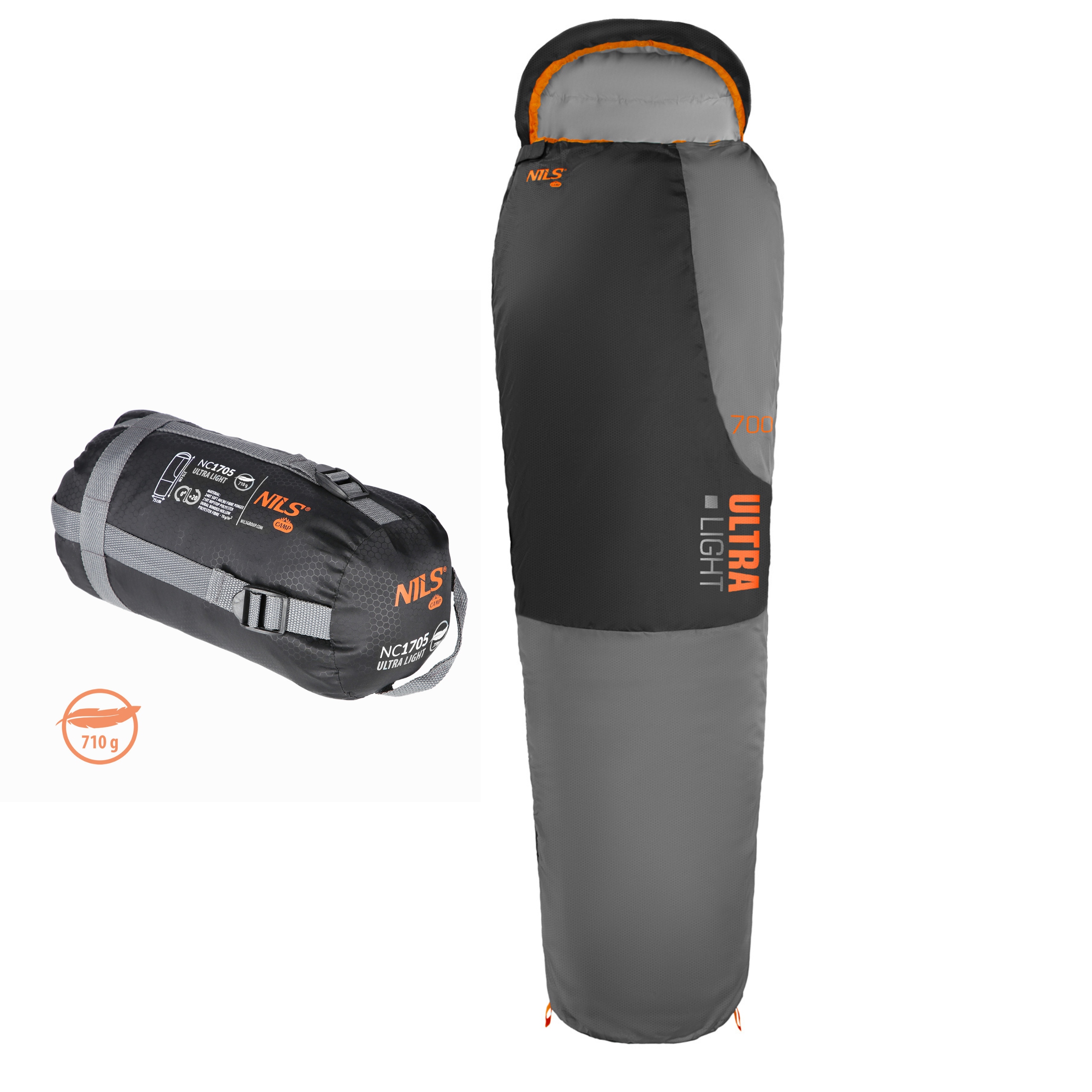Śpiwór Turystyczny Letni Ultra Light Kompresyjny 710g Mumia Szary Nils Camp