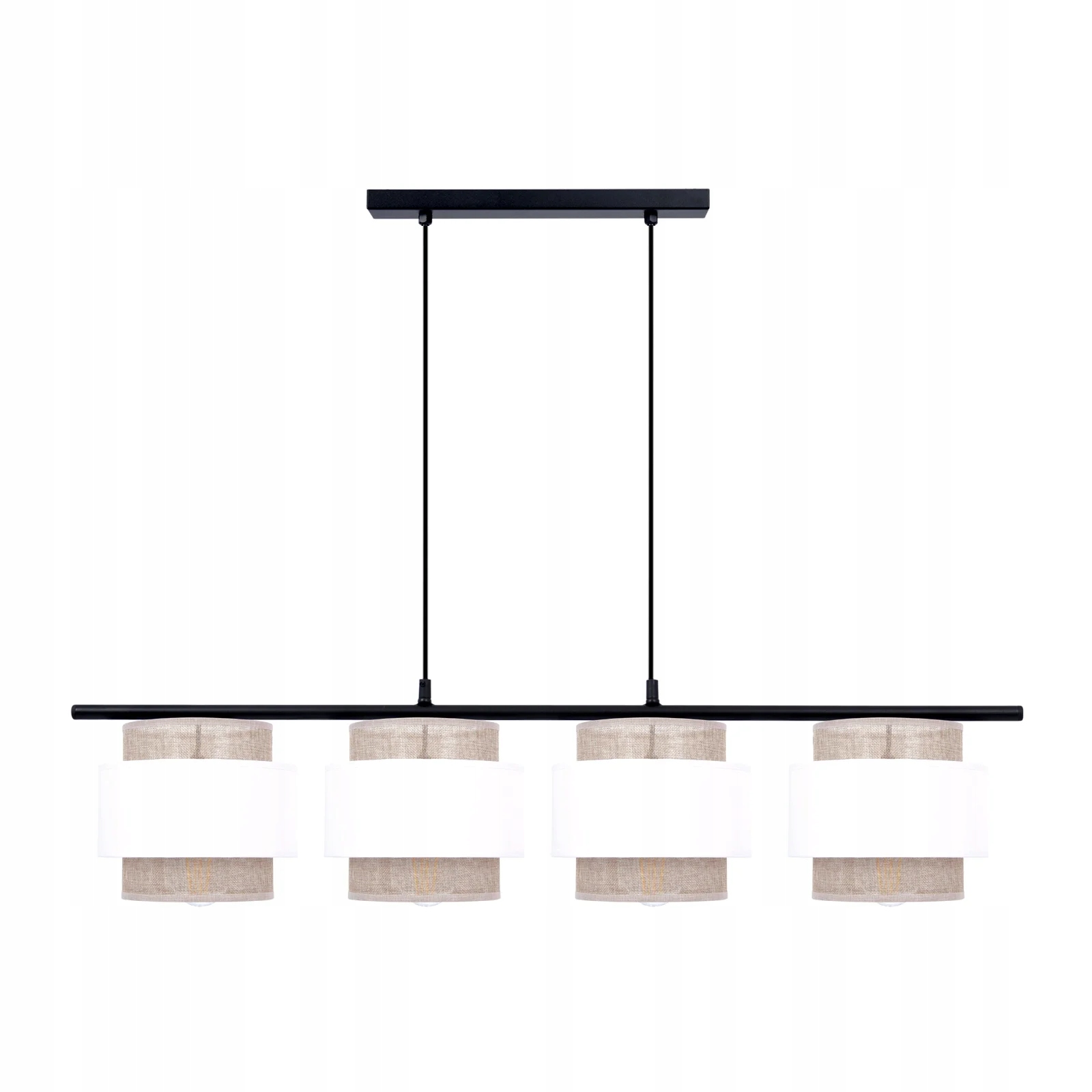 Závesná lampa s bielou béžovou lištou a tienidlami v štýle boho nad stolom Kaja