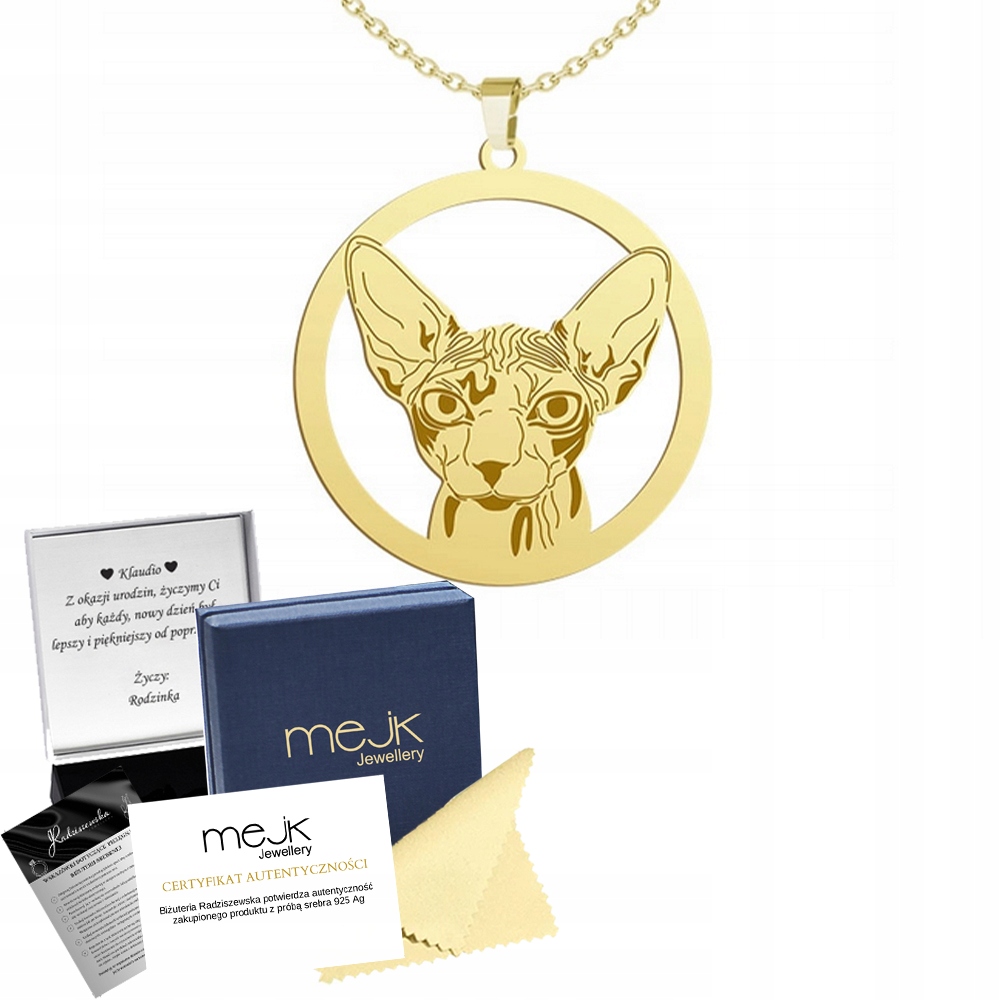 Zlatý náhrdelník s kočkou Sphynx 925 Řetízek Žena Dárek Gravírování Bonus