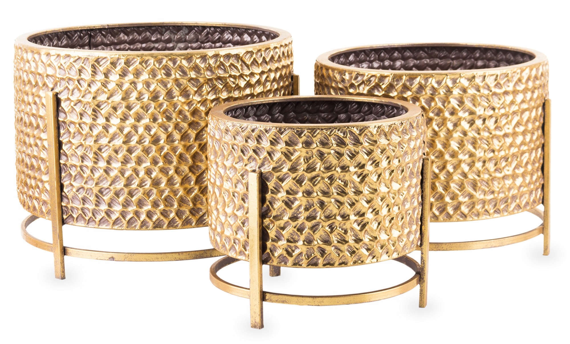 3 x Zlatá kovová Obal Na Kvetináč na kvetináč Okrúhly kvetináč na nožičkách