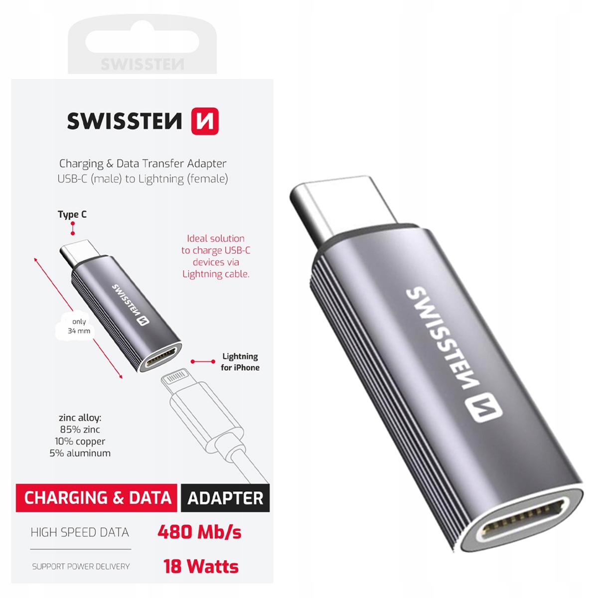 ADAPTER DO ŁADOWANIA SWISSTEN TEXTILE USB-C (męski) / LIGHTNING (żeński) SREBRNY