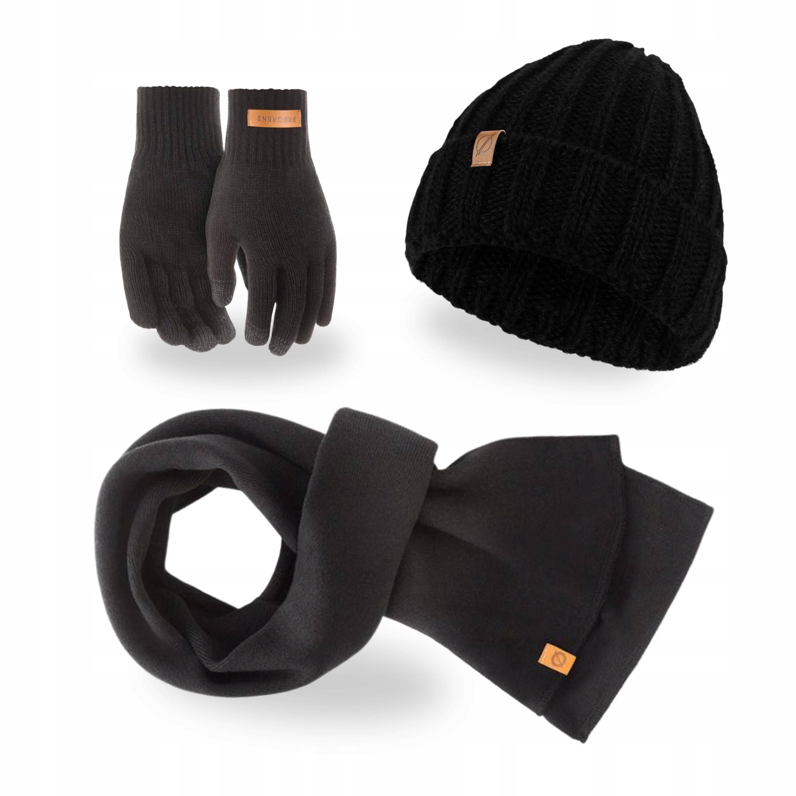 Sada 3v1 Pánská Čepice Hladká šála Rukavice Brodrene Černá