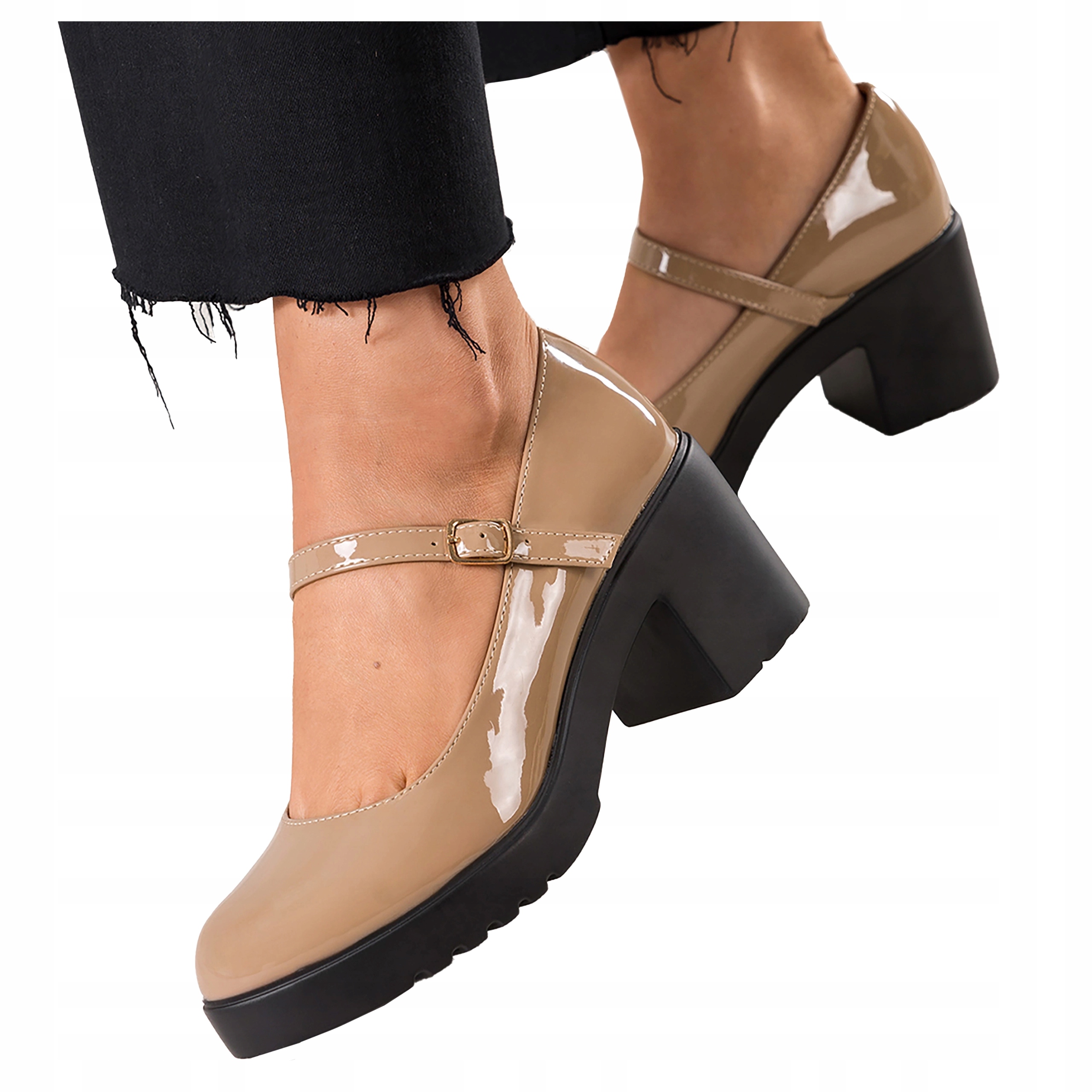 Béžové Lakované Lodičky Pásek Mary Jane na širokém podpatku, velikost 38